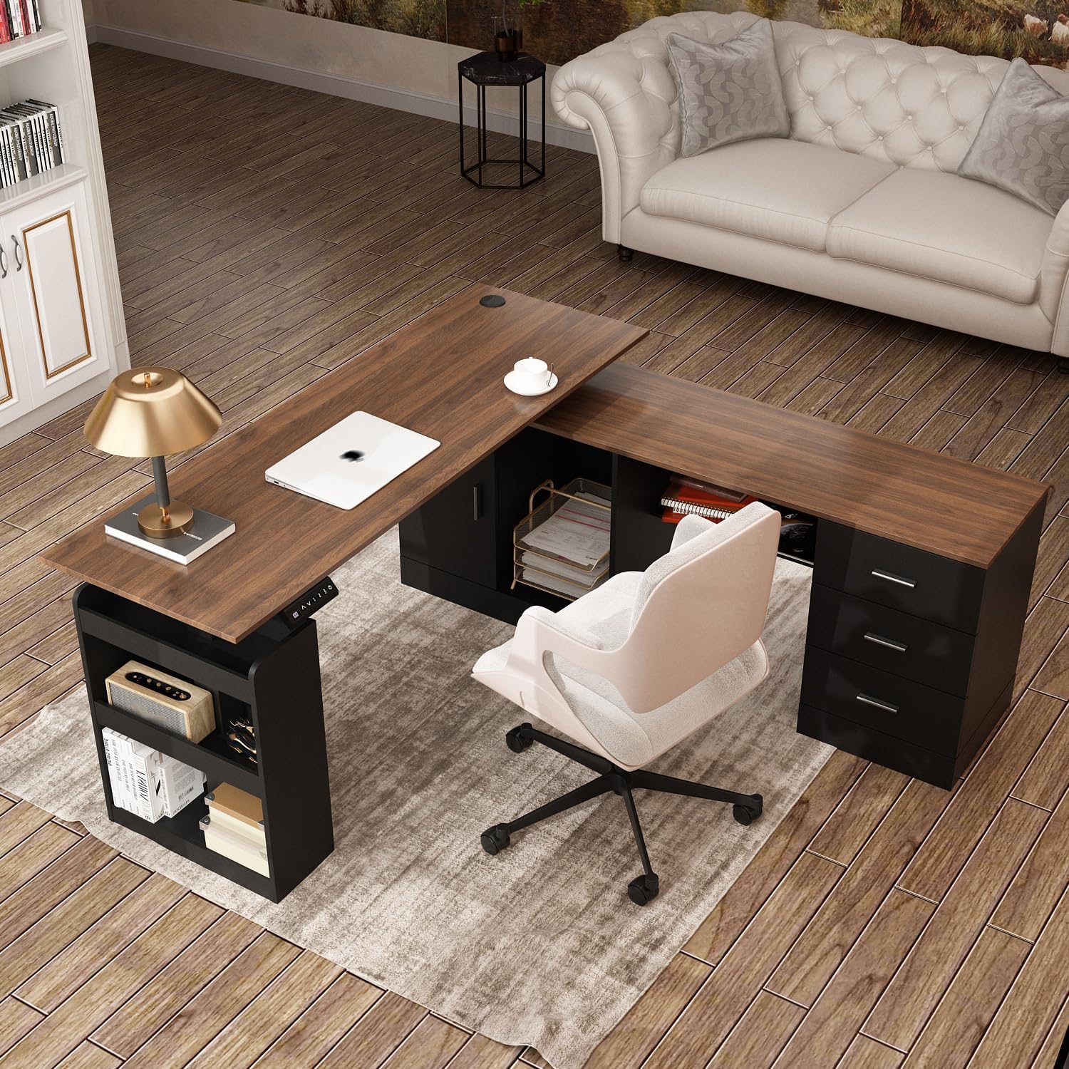 Homsee Home Office L Shaped Electric Standing Desk with Drawers and Shelves, Height Adjustable Stand up Desk, 63' Computer Executive Corner Table, Walnut & Black