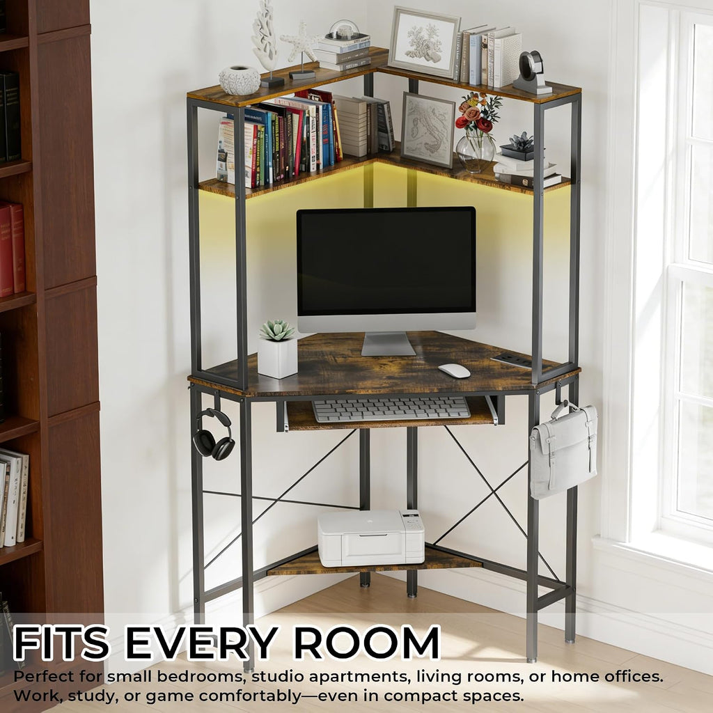 Corner Desk with Hutch and LED Lights, Corner Computer Desk with Keyboard Tray and Monitor Stand, Small Computer Desk for Small Spaces, Home Office（Rustic Brown）