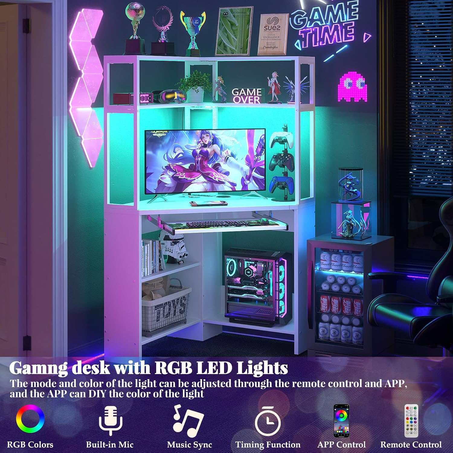 Armocity Corner Desk with Hutch and LED Light, L-Shaped Desk with Power Outlets & USB Ports, Corner Gaming Desk with Keyboard Tray and Storage Shelves, Home Office Workstation for Small Space White
