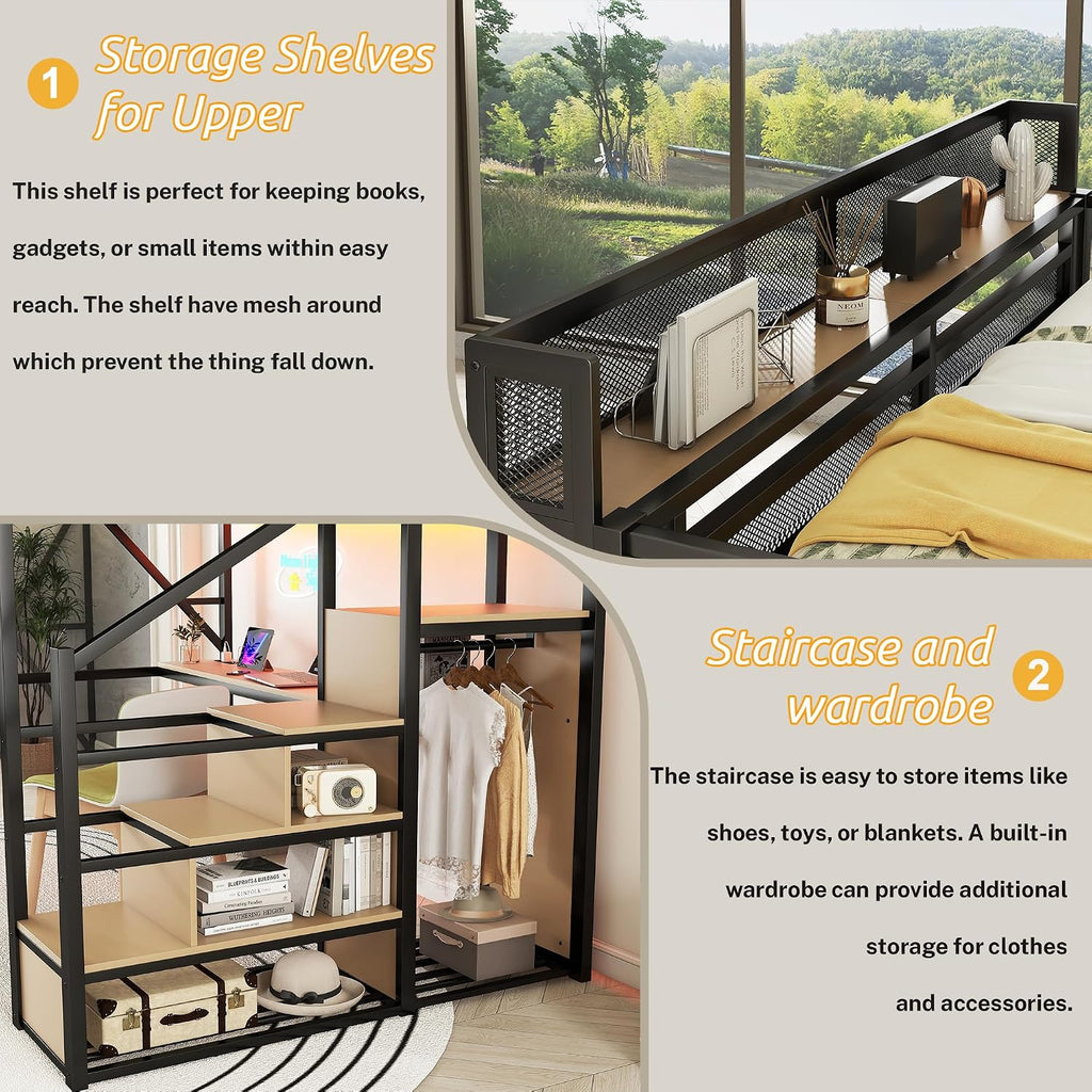 Mirightone Queen Size Loft Bed with Stairs & Desk, Metal Loft Bed Frame with LED and Charging Station, High Loft Beds Gaming Lofted Queen Bed with Storage Shelf for Kids and Teens (Black+Natural)