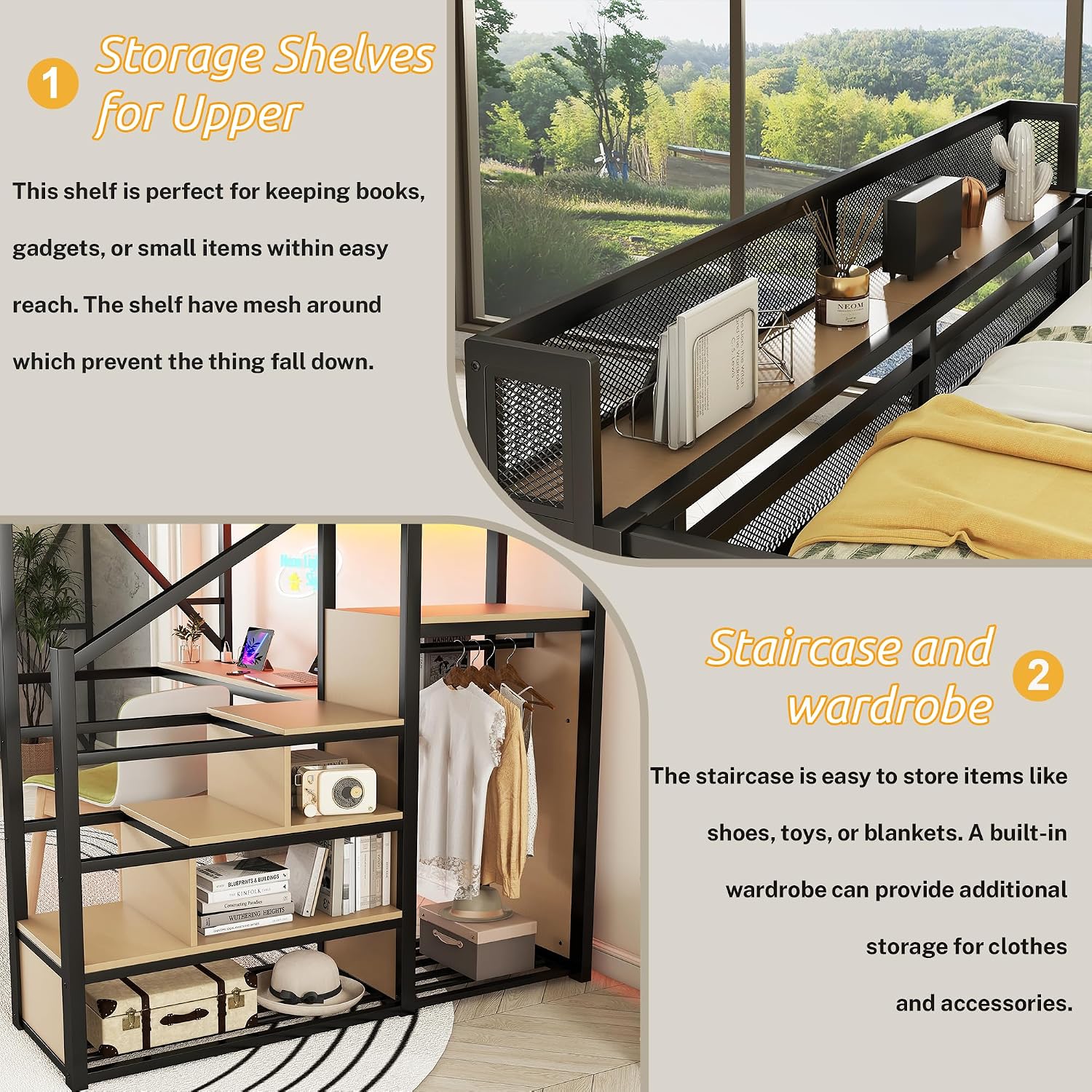 Mirightone Queen Size Loft Bed with Stairs & Desk, Metal Loft Bed Frame with LED and Charging Station, High Loft Beds Gaming Lofted Queen Bed with Storage Shelf for Kids and Teens (Black+Natural)