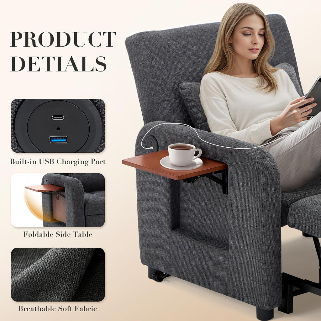 Convertible Sleeper Chair-Fabric Futon Sofa Bed, Single Sleeper Sofa, Small Couch Bed with USB Port, Foldable Table, Pillow, Adjustable Backrest for Dorm/Bedroom/College Darkgrey