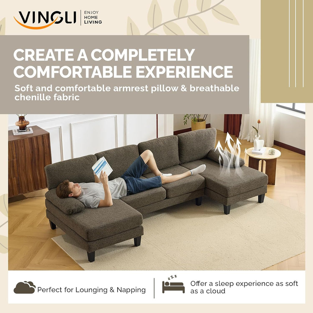 VINGLI 110' U-Shaped Sectional Couch with Two Chaise, Affordable Small Sofa with 4 Seats, Chenille Fabric Comfy Couches for Living Room, Dark Brown
