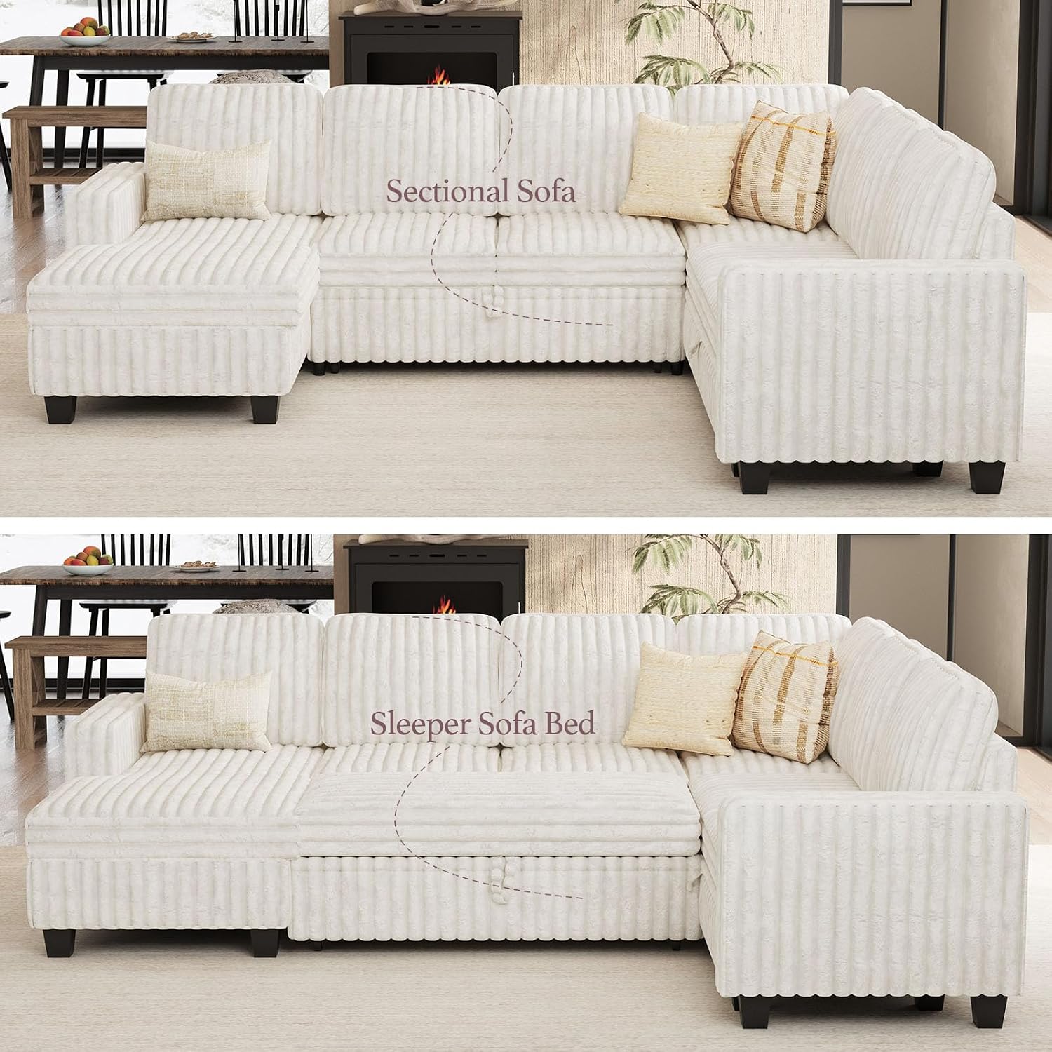 Belffin Corduroy Sleeper Sofa Bed with Storage Chaise Modular Sectional Sofa Couch with Pull Out Bed L Shaped Sectional Couches for Living Room Beige Couch