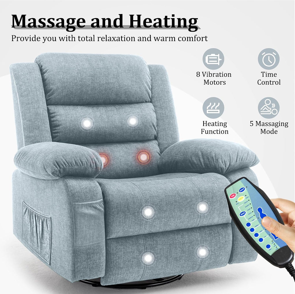 Korser Recliner Chair, Rocking Chair with Massage and Heat, Wide Rocker Chair,360°Swivel Nursery Rocking Chairs, Oversized Recliner for Adults, Cashmere Reclining Sofa for Living Room, Pewter