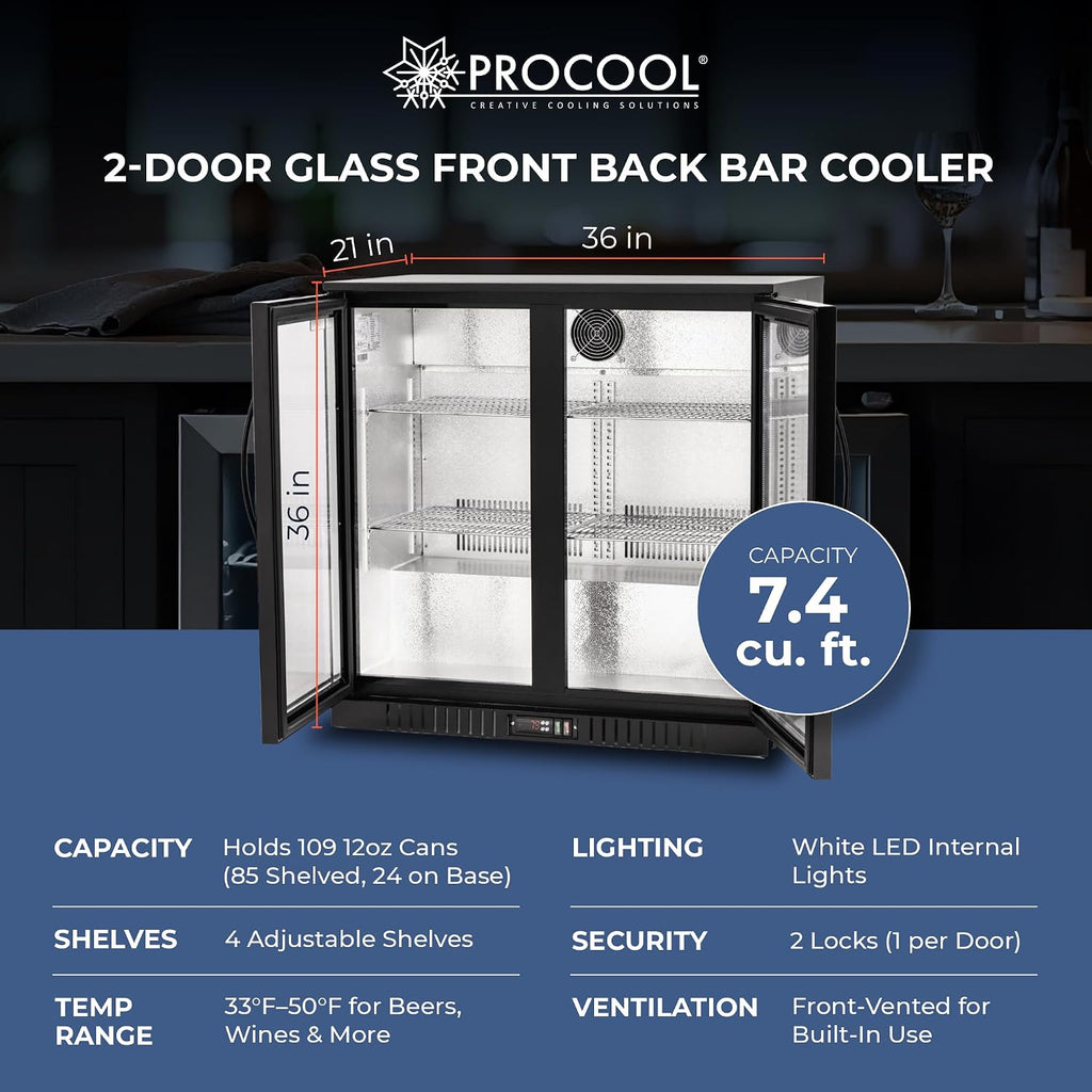 Procool 2-Door Counter Height Beverage Refrigerator - 36' Wide Energy Efficient Black Bar Fridge With Glass Doors & LED Lighting - Commercial Back Bar Cooler