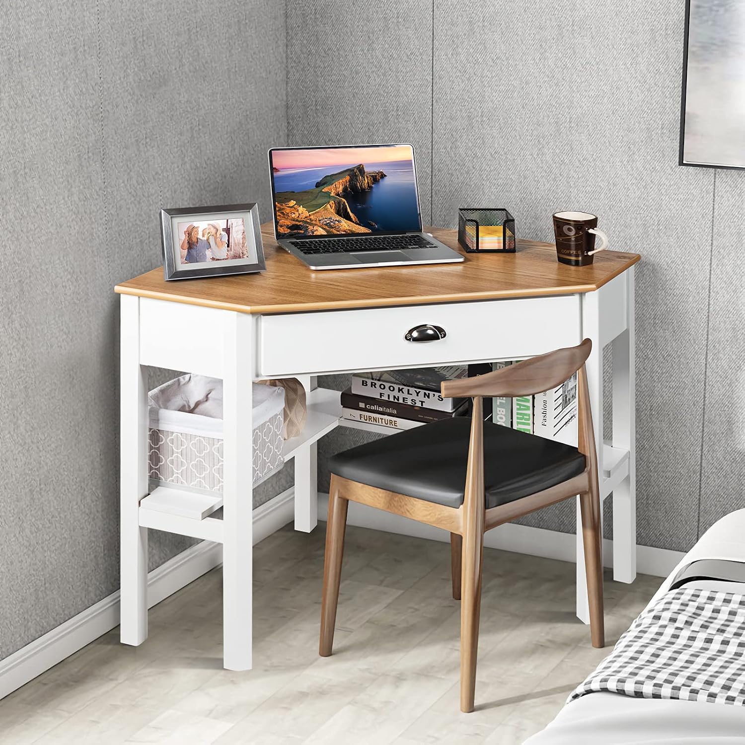COSTWAY Corner Desk with Drawer for Small Space, Writing & Office Use, White Wooden Vanity Desk (Natural)