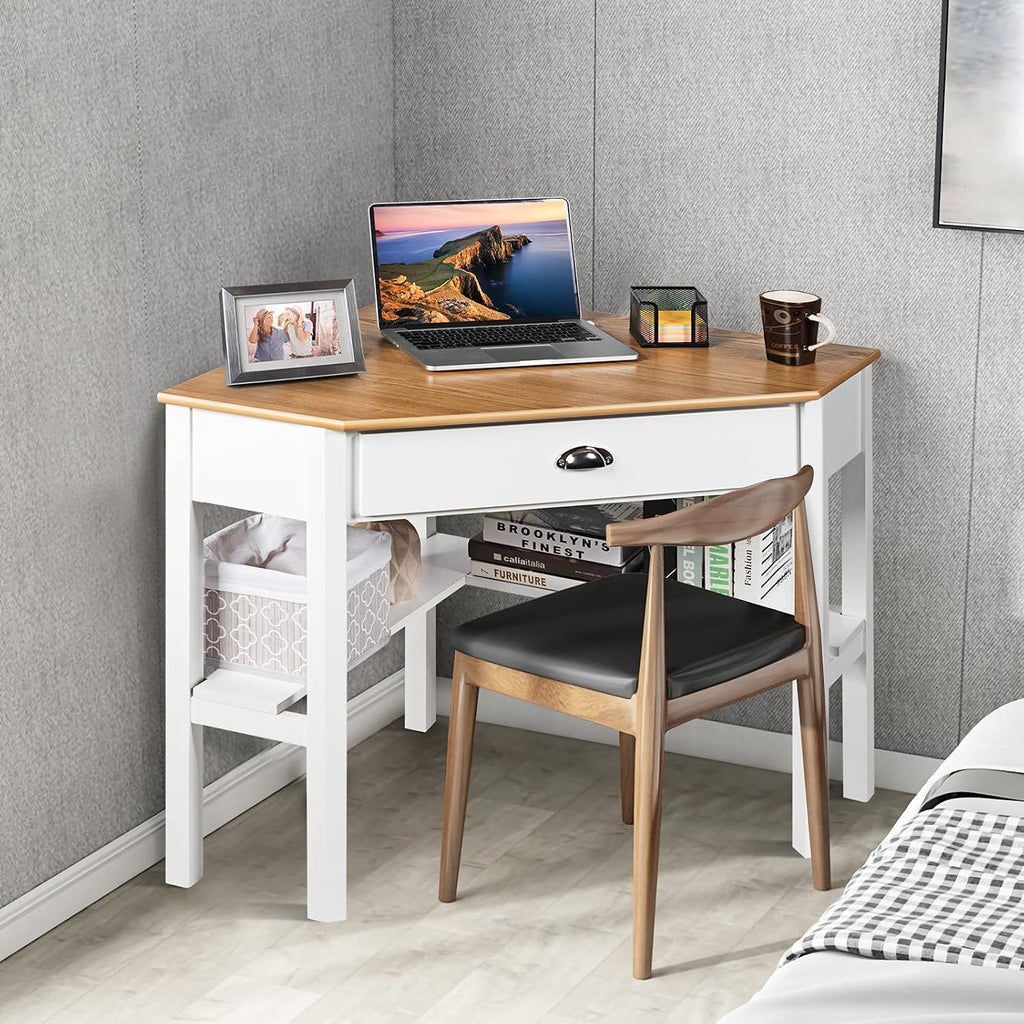Corner Computer Desk, Space-Saving Corner Table with Drawer & Shelves, Home Office 90° Triangle Corner Workstation, Modern Makeup Vanity Table, Corner Desk for Small Spaces (Natural & White)