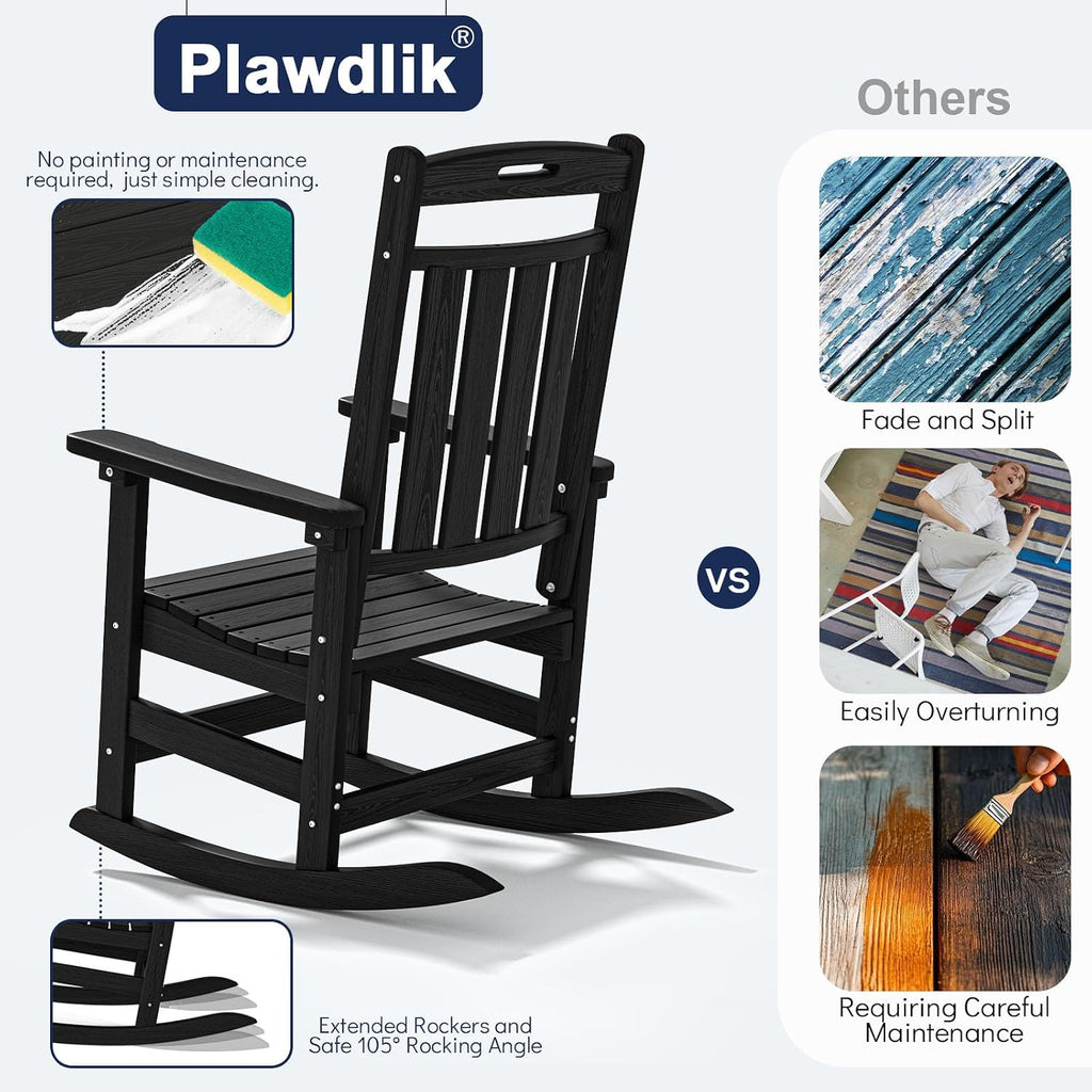 Plawdlik Oversized Rocking Chair,HDPE All-Weather Outdoor Rocking Chair,Patio Rocking Chairs for Porch.Black