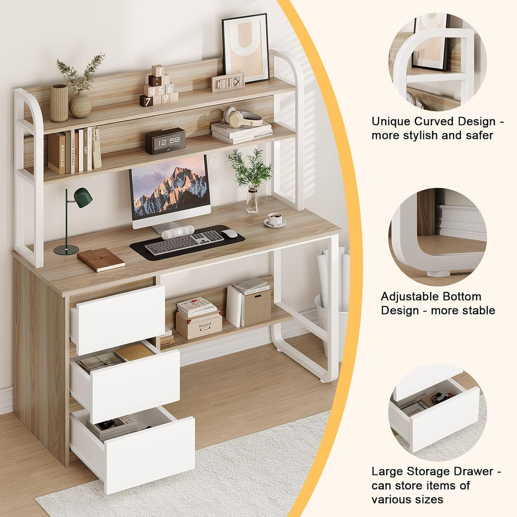 MaverickFurni Computer Desk with 3 Drawers and Shelves, 55 Inch Desk with Hutch for Small Spaces, Study Writing Desk with Shelves for Bedrrom, Adjustable Feet, Light Walnut