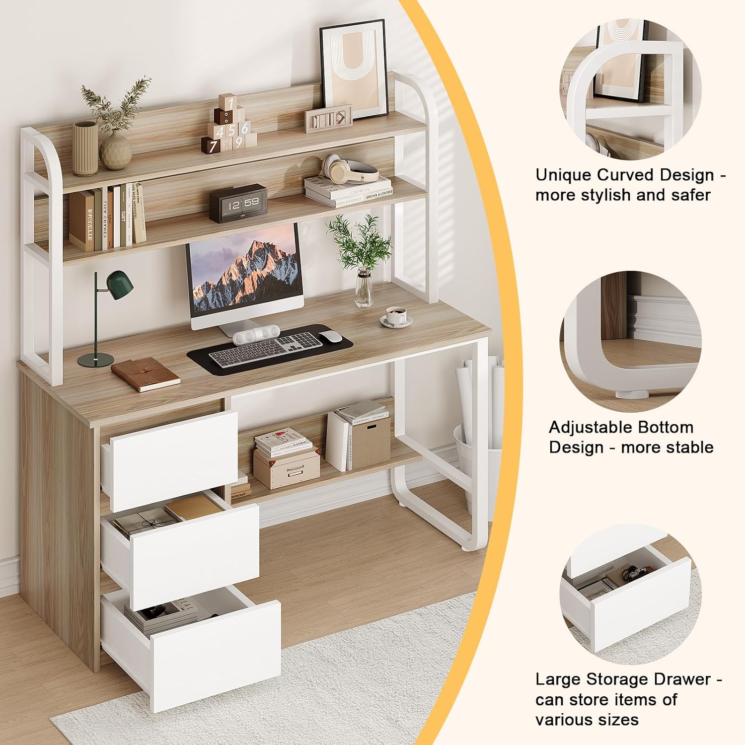 MaverickFurni Computer Desk with 3 Drawers and Shelves, 55 Inch Desk with Hutch for Small Spaces, Study Writing Desk with Shelves for Bedrrom, Adjustable Feet, Light Walnut