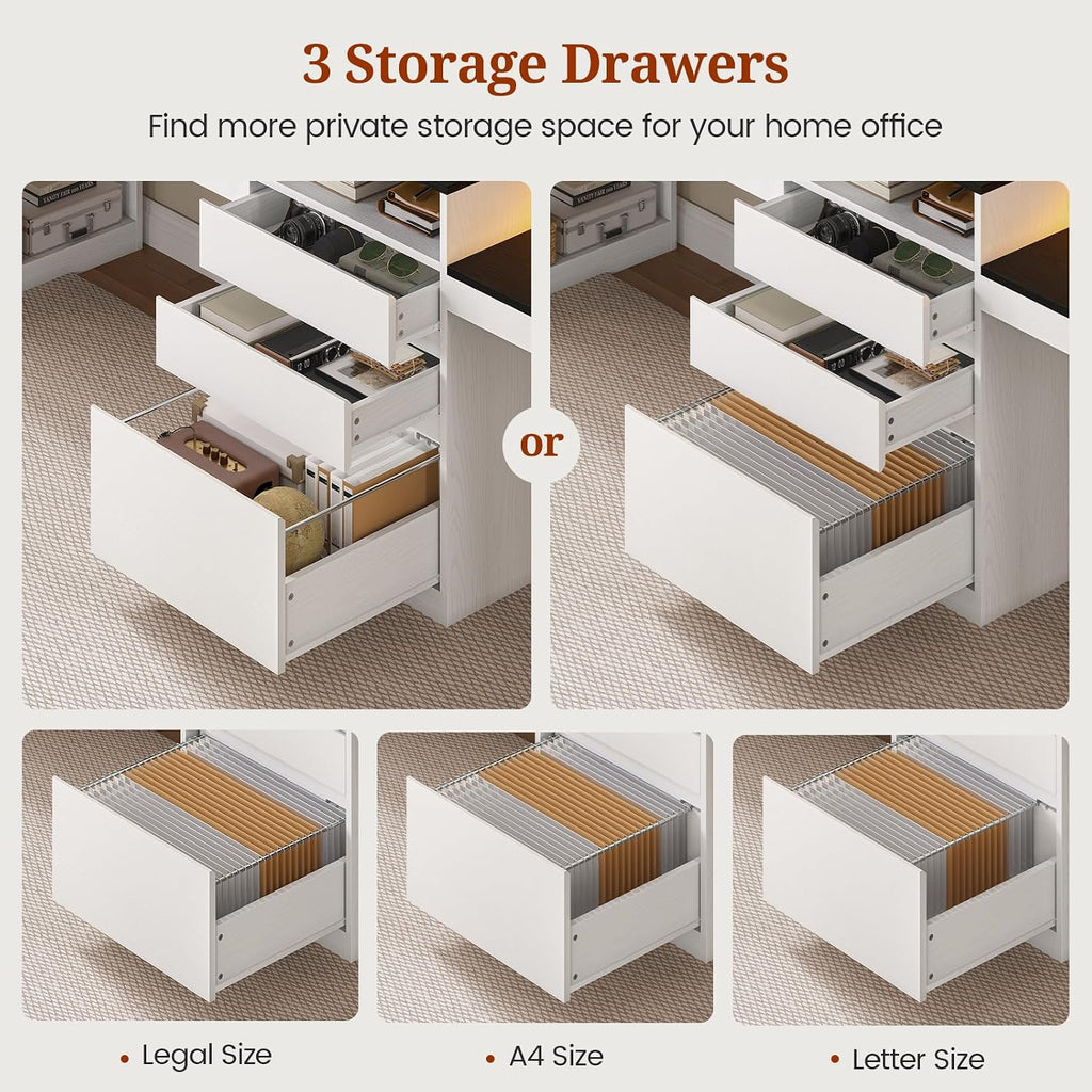 96.6' Long Computer Desk, 2 Person Desk with LED Lights & Power Outlet, Modern Two Person Gaming Desk with File Drawers, Monitor Stand, Printer Shelf ＆ Storage, Double Table for Home Office White