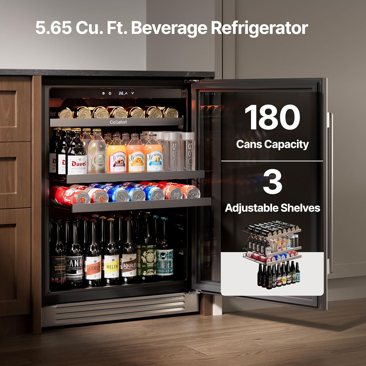 Ca'Lefort Beverage Refrigerator Cooler - 24 Inch Beverage Fridge Under Counter 180 Can with Glass Door, Freestanding or Built-in with 3 Color LED, Drink Cooler for Beer Soda or Wine (Right-Hinged)