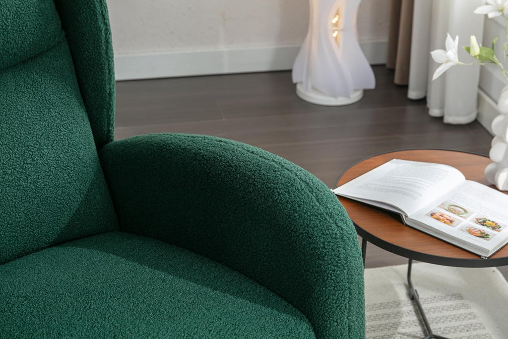 Nursery Glider Chair - Wingback Teddy Upholstered Rocking Chair with High Backrest, Ergonomic Rocker Chair for Breastfeeding & Baby Room, Modern Accent Armchair for Living Room & Bedroom, Green
