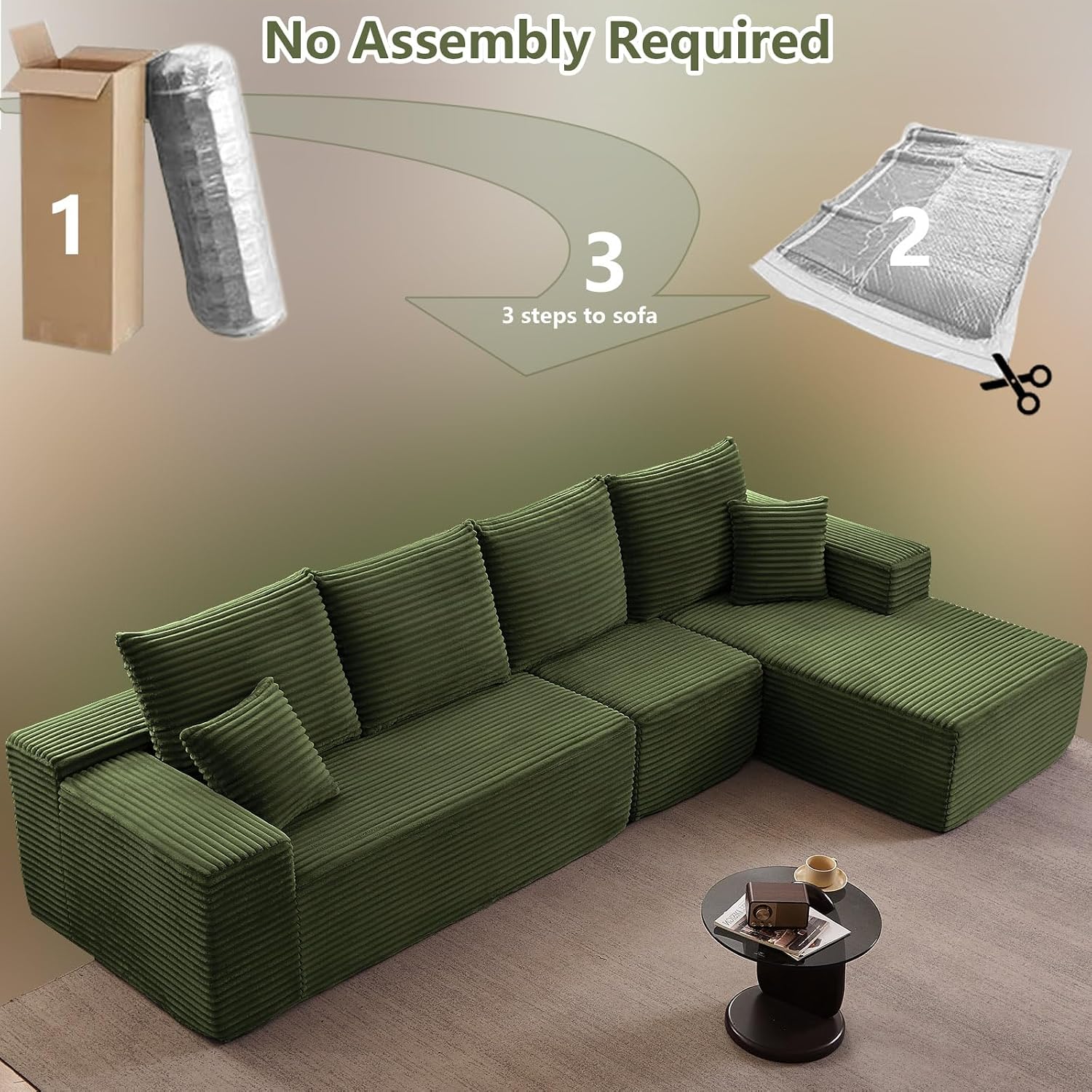 135' Cloud Sectional Couch with L-Shape Chaise, Modern Modular Comfy Sofa Chaise Longue, Upholstered Corduroy Couches Sleeper with Deep Seat for Living Room Bedroom, No Assembly Required, Green