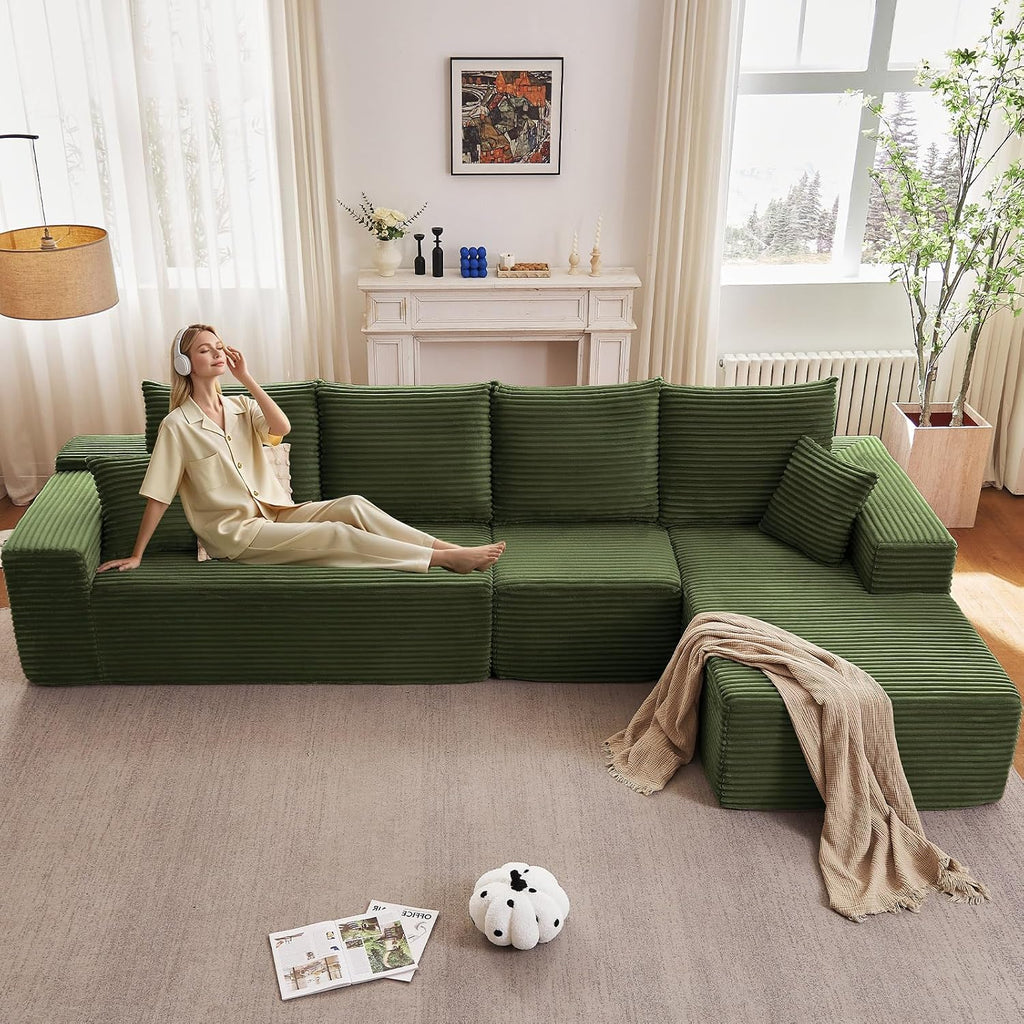 135' Cloud Sectional Couch with L-Shape Chaise, Modern Modular Comfy Sofa Chaise Longue, Upholstered Corduroy Couches Sleeper with Deep Seat for Living Room Bedroom, No Assembly Required, Green