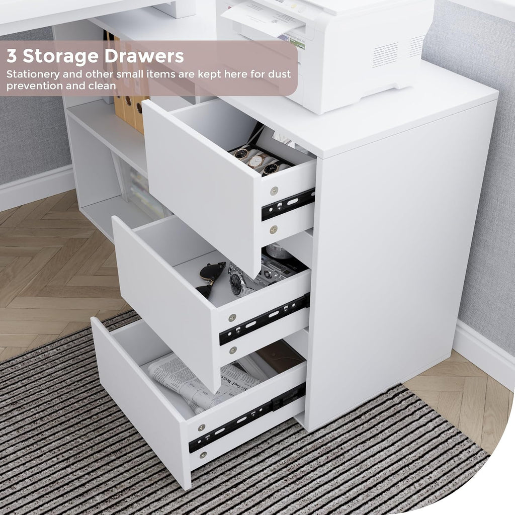 Home Office Computer Desk Corner Desk with 3 Drawers and 2 Shelves, 53-inch L-Shaped Study Desk with Storage, White