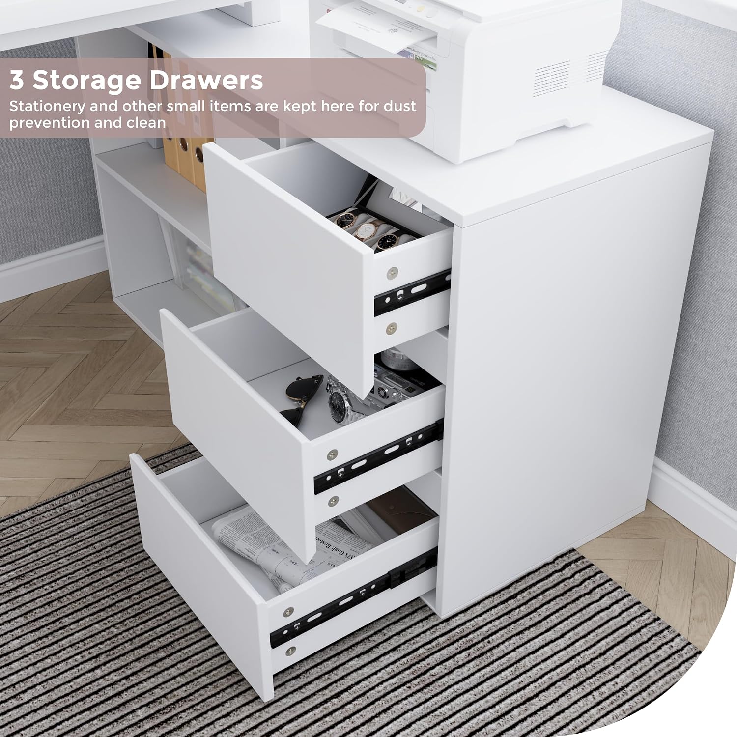 Home Office Computer Desk Corner Desk with 3 Drawers and 2 Shelves, 53-inch L-Shaped Study Desk with Storage, White