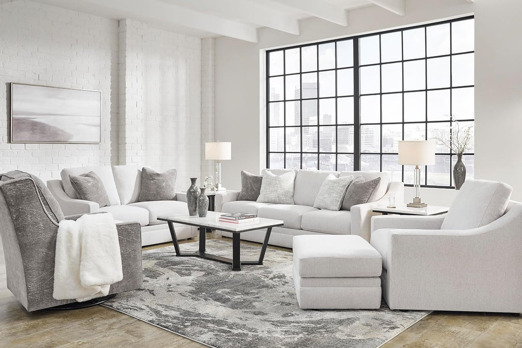 Signature Design by Ashley Maitelynn Contemporary Loveseat with Accent Pillows, Reversible Cushions and Sloped Arms, Light Gray