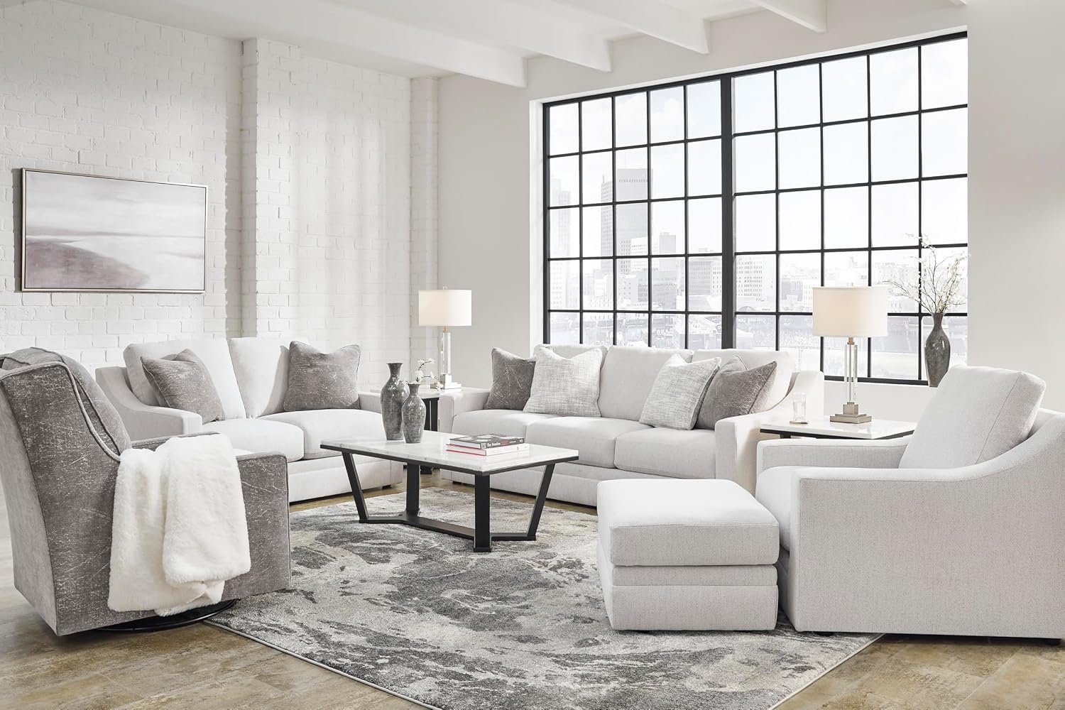 Signature Design by Ashley Maitelynn Contemporary Loveseat with Accent Pillows, Reversible Cushions and Sloped Arms, Light Gray