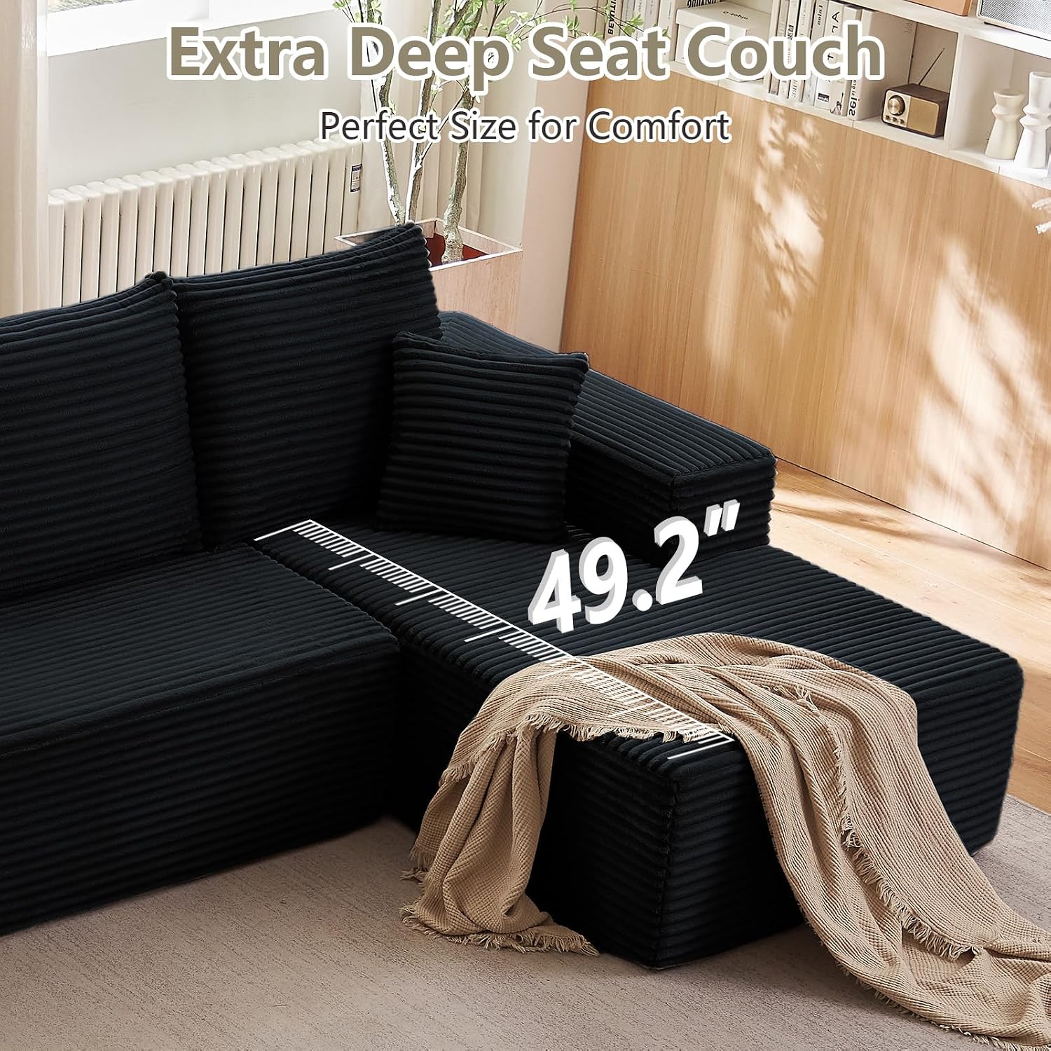 166.9' Cloud Sectional Couch with L-Shape Chaise, Upholstered Corduroy Couches Sleeper with Deep Seat, Modern Modular Comfy Sofa Chaise Longue for Living Room Bedroom, No Assembly Required, Black