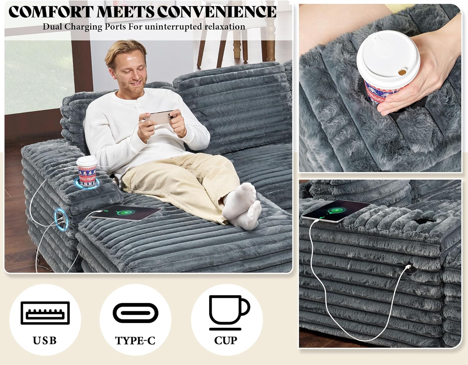 AMERLIFE 112 Inch U Shaped Couch, Oversized Sofa with Storage Chaise & Cup Holders, Sectional Sofa with USB & Type-C Charging Ports, Faux Fur Dark Grey Sofa