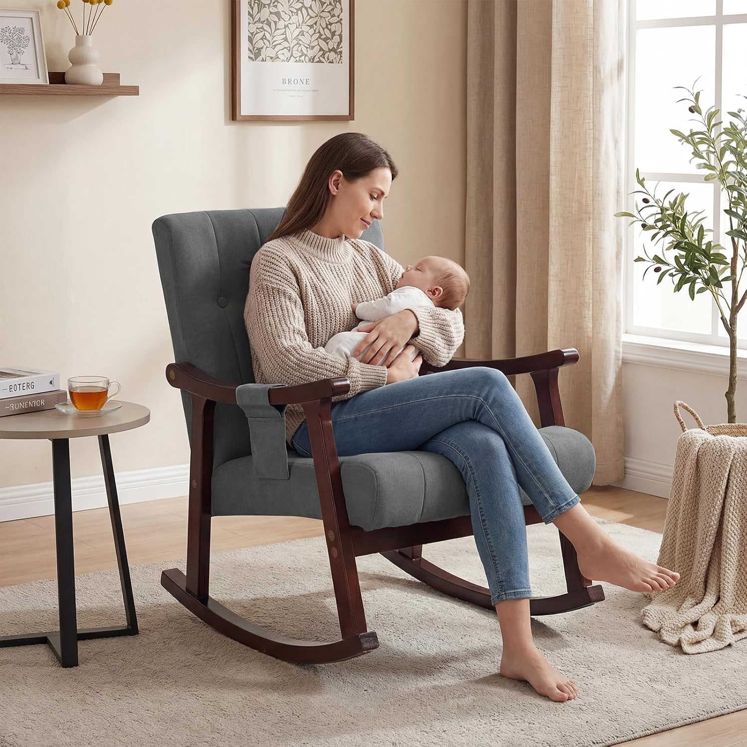 AVAWING Upholstered Rocking Chair, Small Fabric Glider Rocker with 2-Point Massage Lumbar Pillow and Solid Wood Legs, for Bedroom and Living Room, Dark Grey
