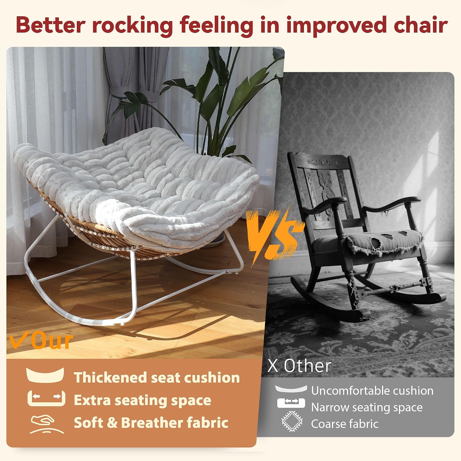 Papasan Rocking Chair, Rattan Rocking Chair, Oversized Outdoor Chair with Deep Seat Thick Cushion, Patio Rocking Chair for Bedroom/Porch/Garden (Light Grey & White)