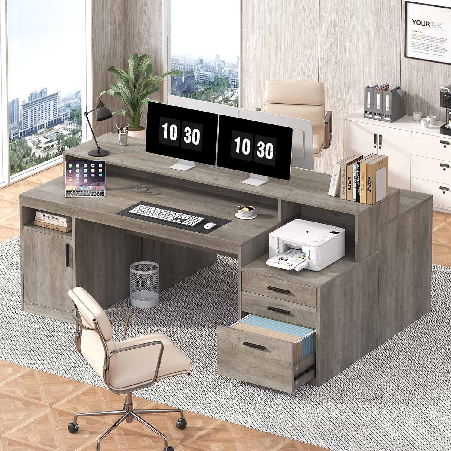 YOMILUVE Executive Computer Desk with 3 Drawers & Storage Shelves, 65 Inch Home Office Desk with File Drawer & Cabinet, Writing Study Desks with Monitor Stand & Printer Shelf, Executive Desk, Grey