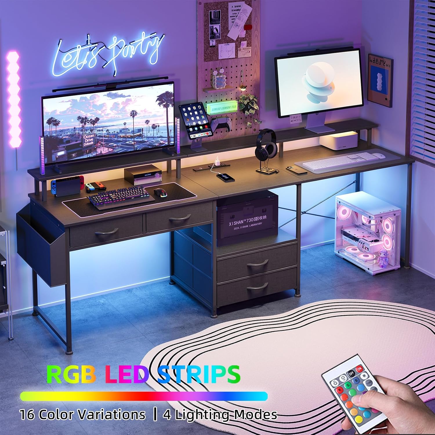 L Shaped Desk with 4 Fabric Drawers, 78.7' Home Office Desk with Printer Storage Shelf & Power Outlet, Two Person Desk with Monitor Shelf, Corner Computer Desk, Gaming Desk with Led Lights, Black