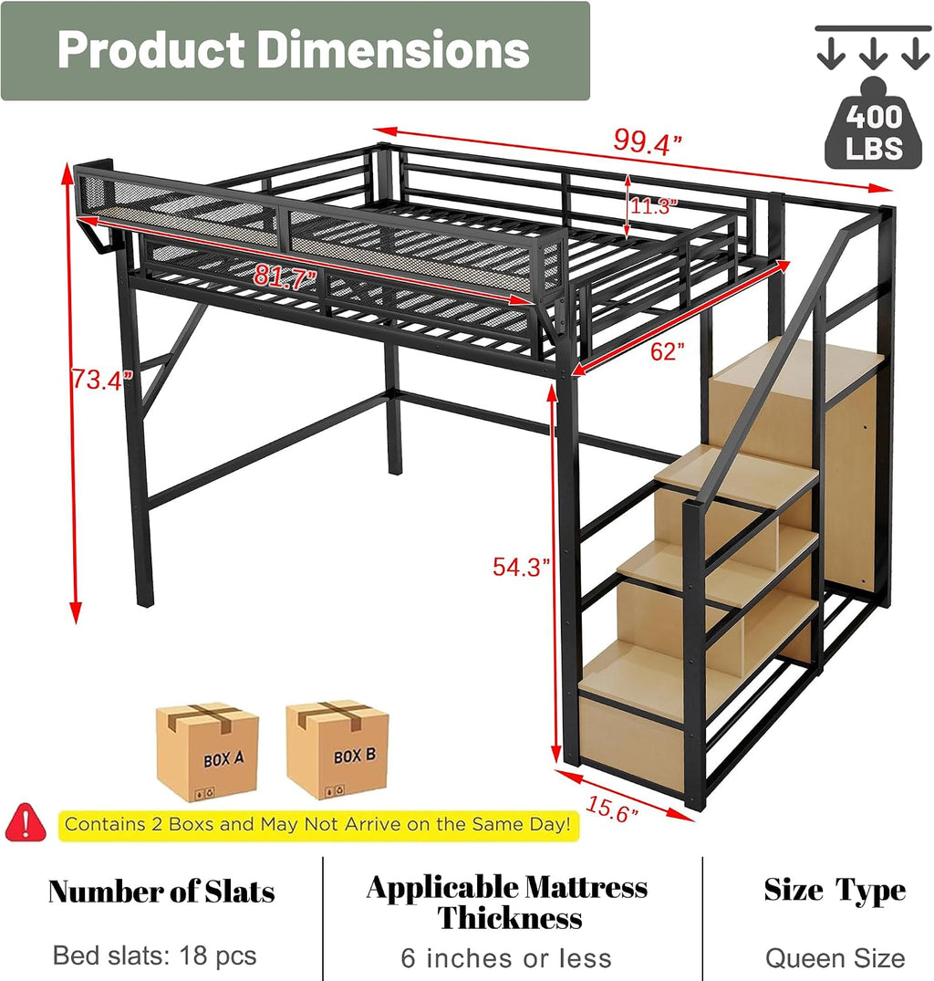 Queen Size Loft Bed Frame for Adults,Metal Lofts Bed Queen with Stairs & Storage Shelves, Heavy Duty High LoftBed with Wardrobe for Teens,Girls Boys, No Box Spring Needed, No Noise, Black