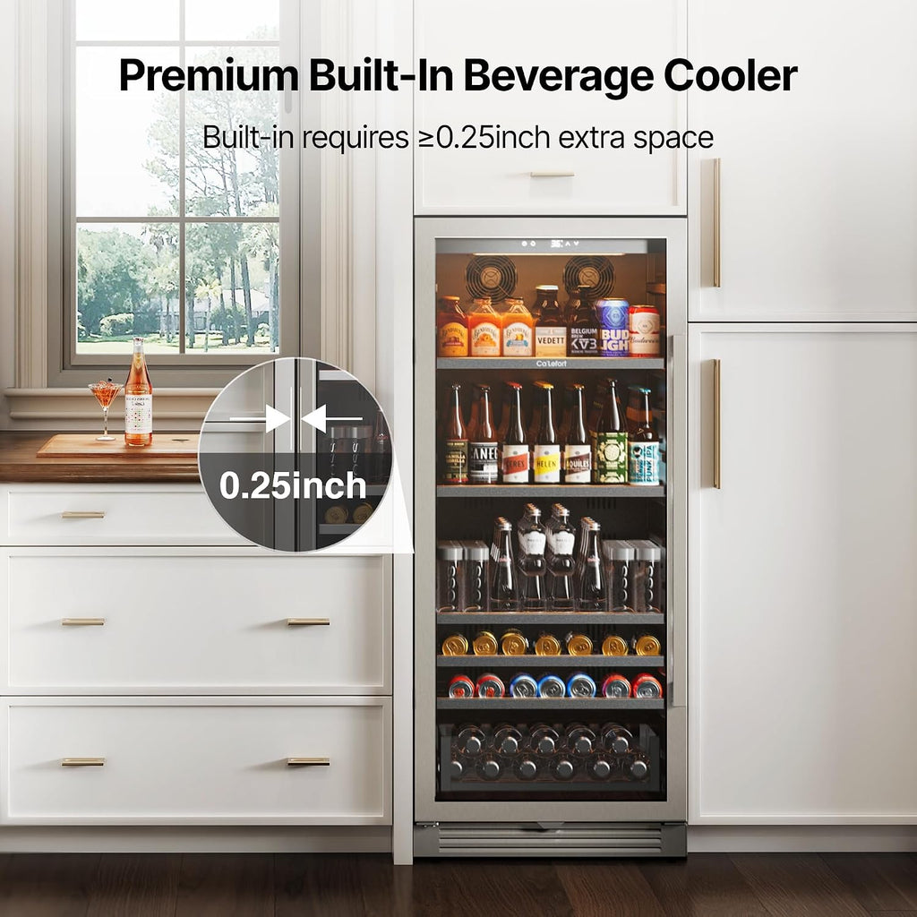 Ca'Lefort Beverage Refrigerator 24 Inch, 238 Cans Tall Fridge with Double Glass Door, Built-in or Freestanding Drink Cooler with Amber LED Light, Beverage Fridge for Kitchen Bar Office(Left-Hinged)