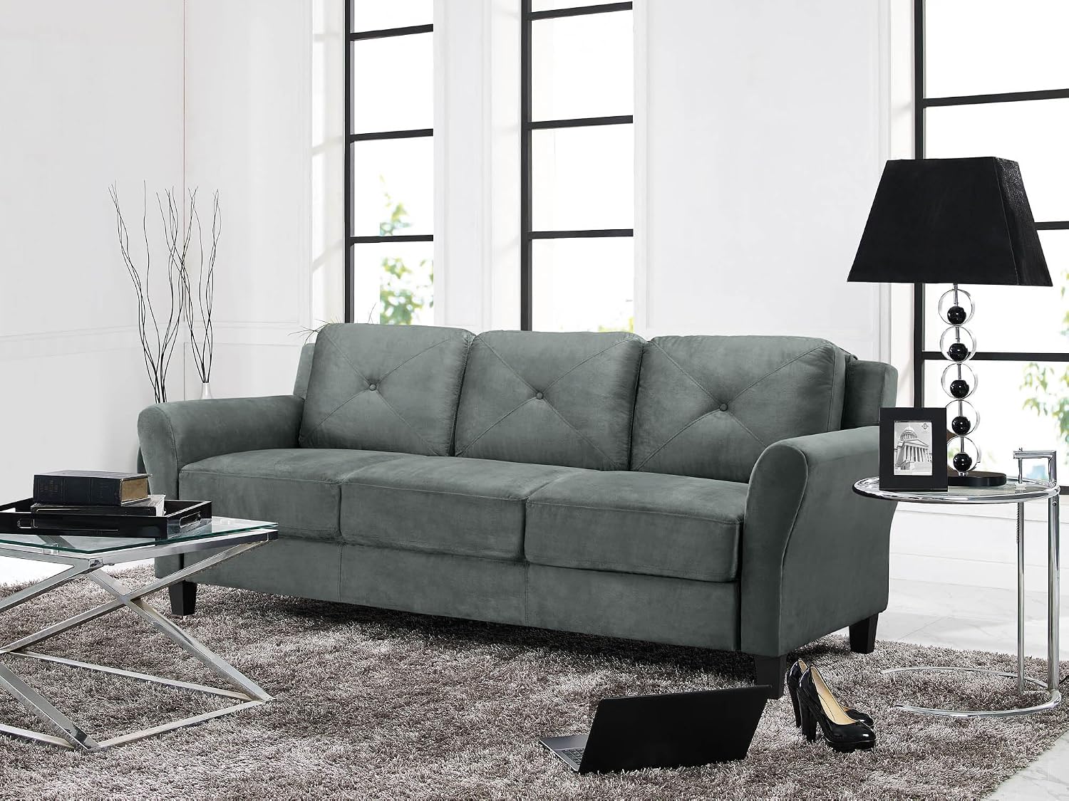 Studio Living Harrington 80.3' Sofa, Transitional Modern, Pocket Coil Comfort, Easy Assembly, Microfiber Fabric, Dark Grey