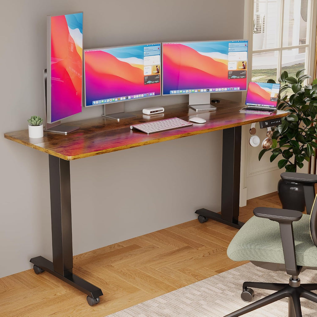 Shahoo Electric Standing Desk 60 Inch, Ergonomic Height Adjustable Table with T-Shaped Metal Bracket Modern Computer Workstations for Home Office, Rustic Brown, 60 x 24 Inch