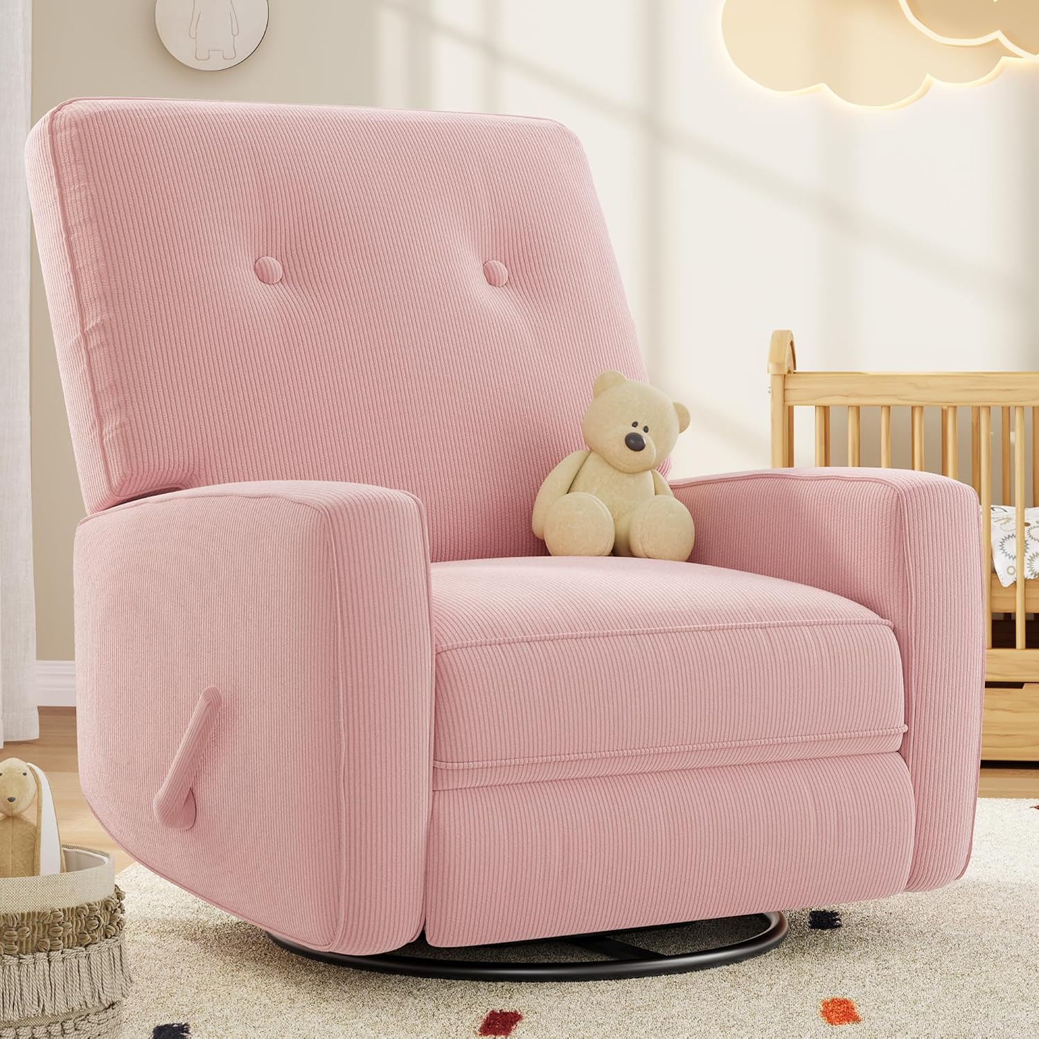 Garvee Nursery Recliner Chair, 360° Swivel Rocking Glider Chair for Adults with Adjustable Backrest & Footrest, Upholstered Armchair for Living Rooms, Bedrooms, Apartments, Pink