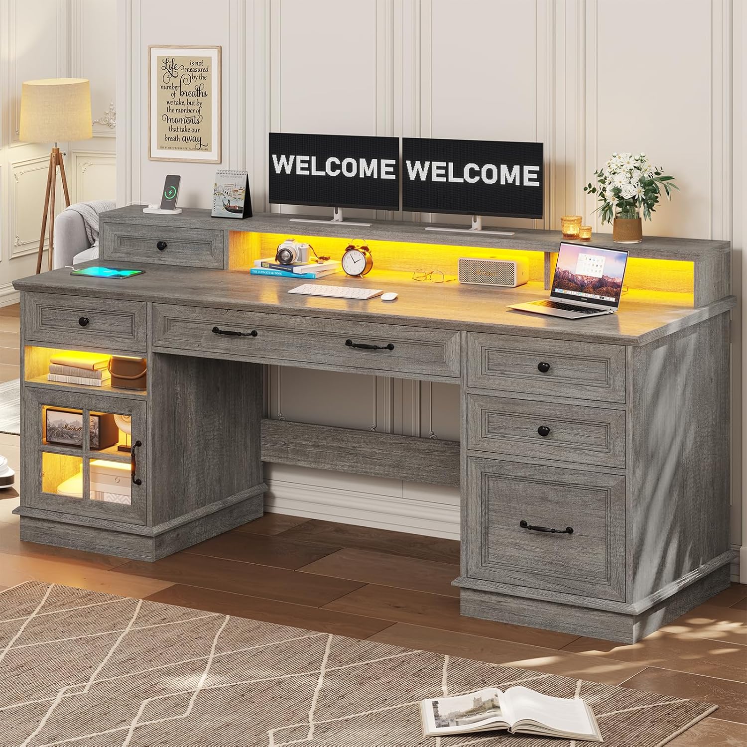 BTHFST Farmhouse Executive Desk with File Drawer, Computer Desk with Charging Station & LED Lights, Home Office Desk with Drawers & Storage Cabinet, Executive Office Desk with Monitor Stand, Grey
