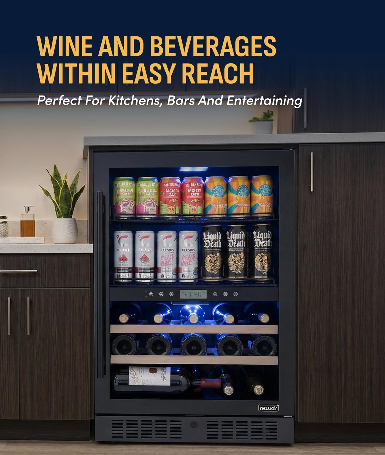 NewAir 24' Dual Zone Beverage Refrigerator & Wine Cooler for 24 Bottles & 100 Cans | Freestanding or Built-In Under Counter Mini Fridge for Beer, Wine and Soda | Stainless Steel
