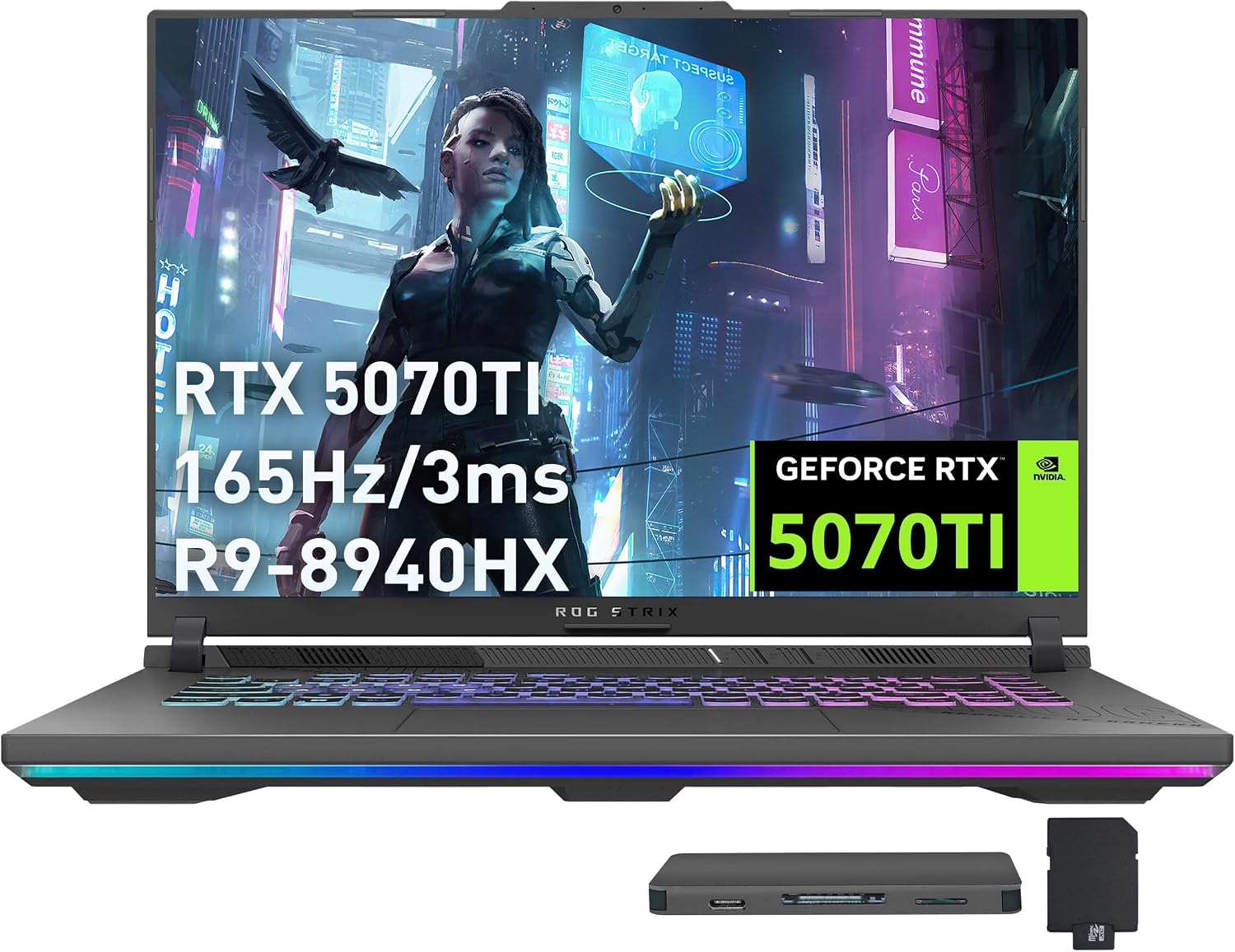 ASUS ROG Strix G16 16' WUXGA 165Hz Gaming Laptop, AMD Ryzen 9-8940HX, GeForce RTX 5070 Ti 12GB GDDR7, 32GB DDR5, 2TB PCIe SSD, Backlit Keyboard, Windows 11 Pro, Gray, 1TB Docking Station Set