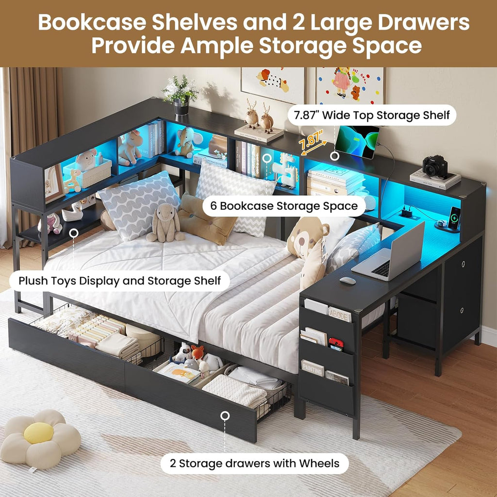 DICTAC Corner Twin Bed Frame with Desk,Charging Station and Bookcase Storage Twin Size Daybed for Kids/Teen with Storage Drawers,Led Lights and Shelves Twin Size Platform Bed Frame with Desk,Black