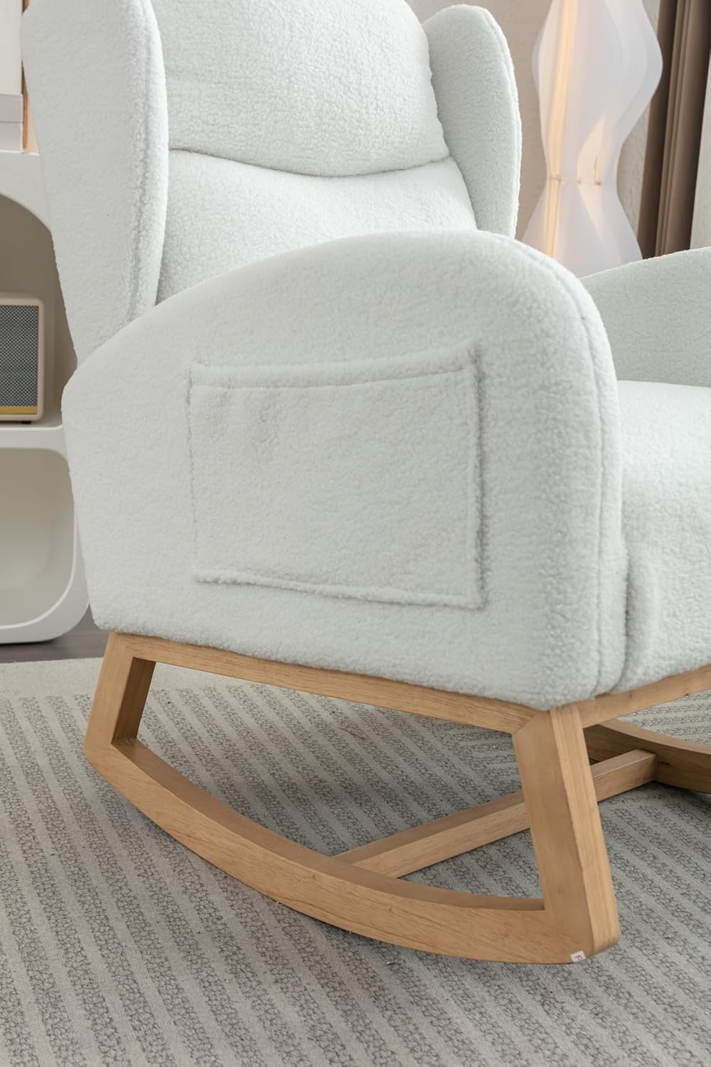 Nursery Glider Chair - Wingback Teddy Upholstered Rocking Chair with High Backrest, Ergonomic Rocker Chair for Breastfeeding & Baby Room, Modern Accent Armchair for Living Room & Bedroom, Lvory