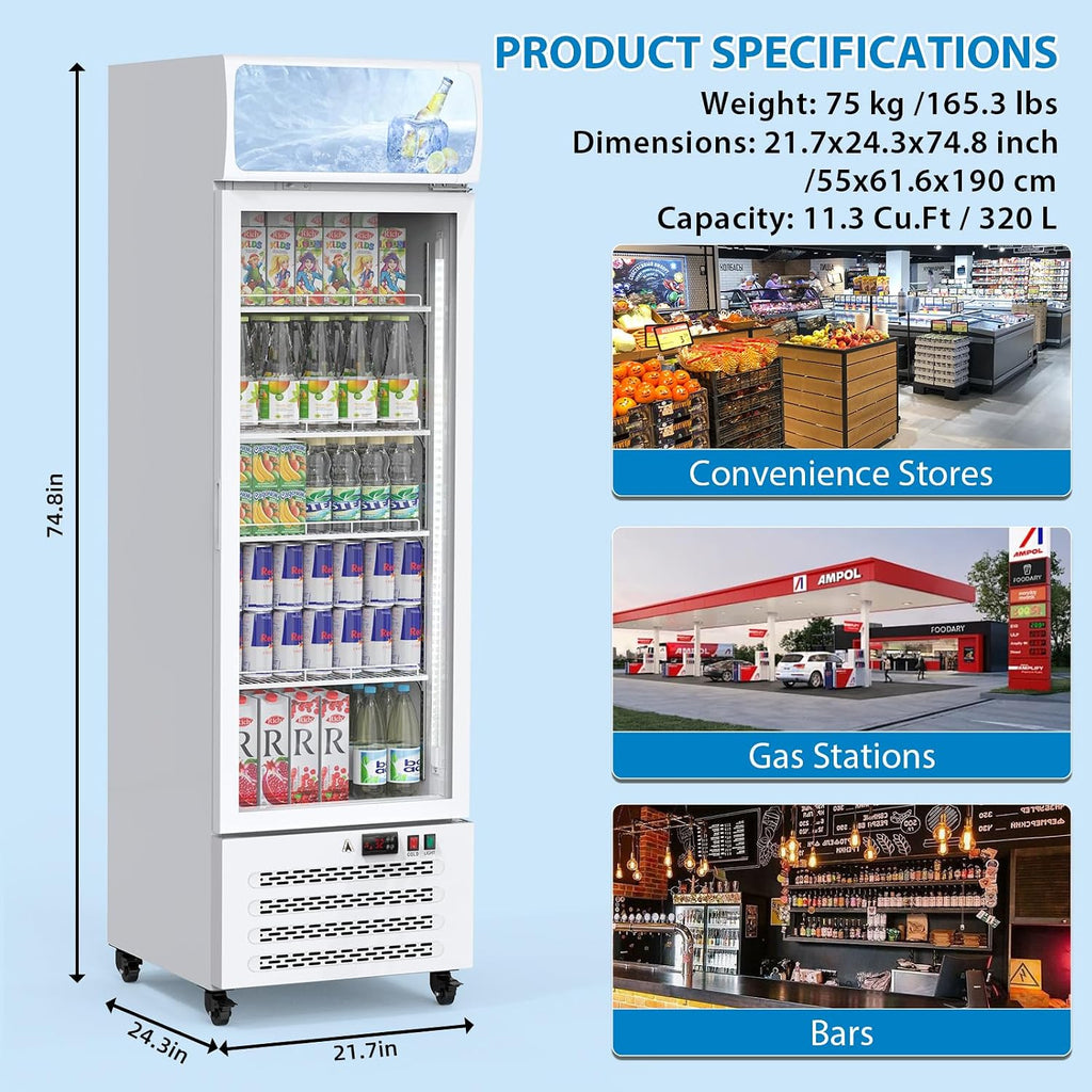 PeakPursuit Commercial Display Refrigerator, 11.3 Cu.Ft. Glass Door Beverage Refrigerator Upright Display Fridge With LED Light and Adjustable Shelves for Home Restaurant Grocery