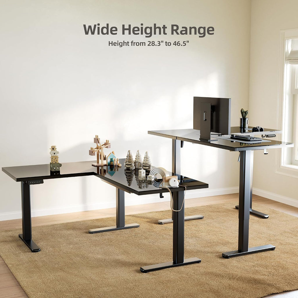 INNOVAR L Shaped Glass Standing Desk Adjustable Height, Dual Motor Electric Corner Standing Desk with Drawers, 63x55 inch Sit Stand up Desk with Splice Board for Home Office, Black
