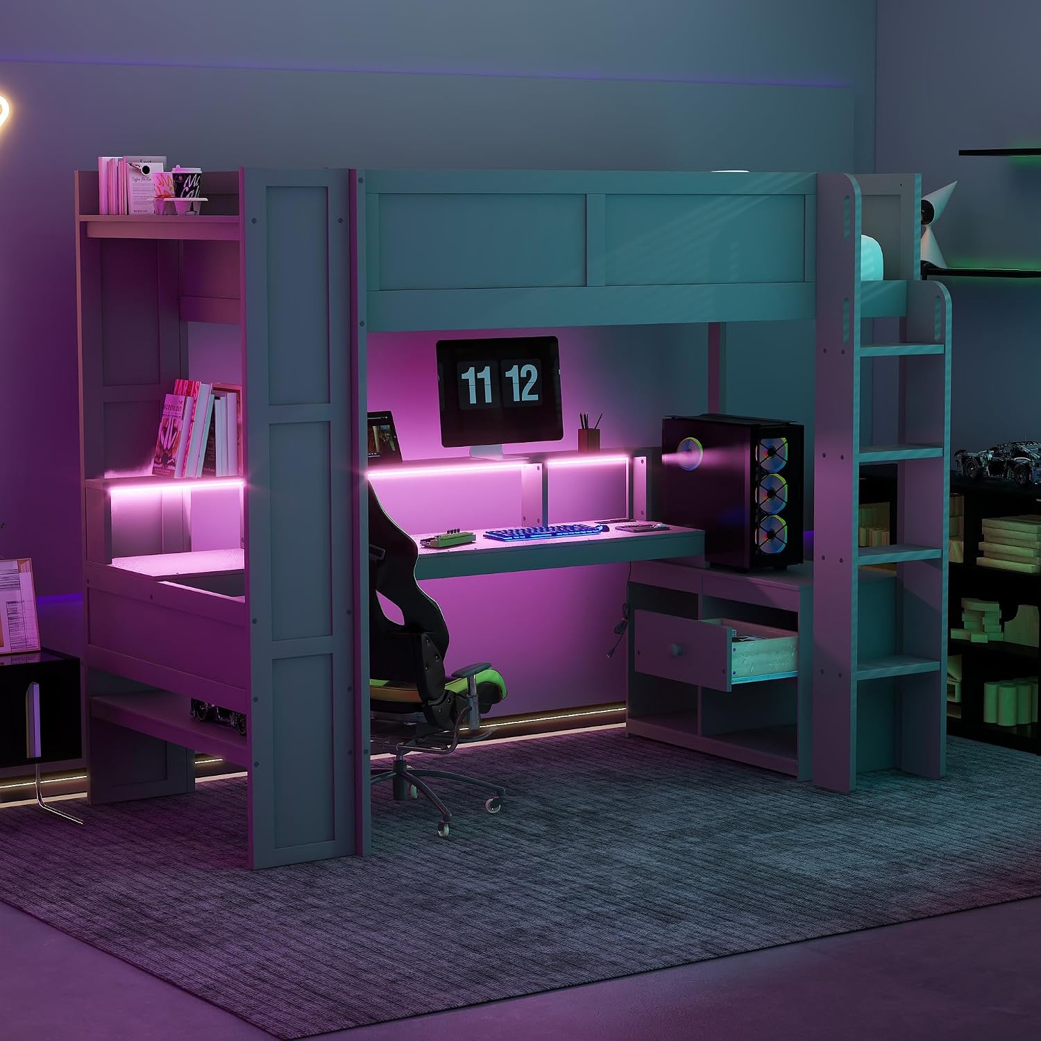 Twin Size Gaming Loft Bed with Desk & Storage Drawers & Shelves & Charging Station & LED,Wood Loft Bed Frame with Cabinets,Bookshelf,Safety Guardrail and Ladder for Gamers Kids Teens Aldults,Dark Gray