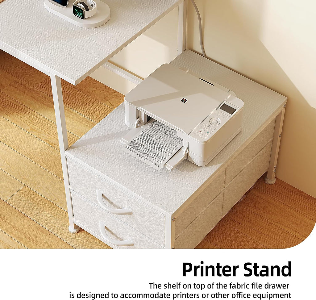 52 Inch Office Desk with 6 Drawers and Printer Space for Storage, Reversible Computer Desk with Monitor Stand & Power Outlets, Home Office Desks, White