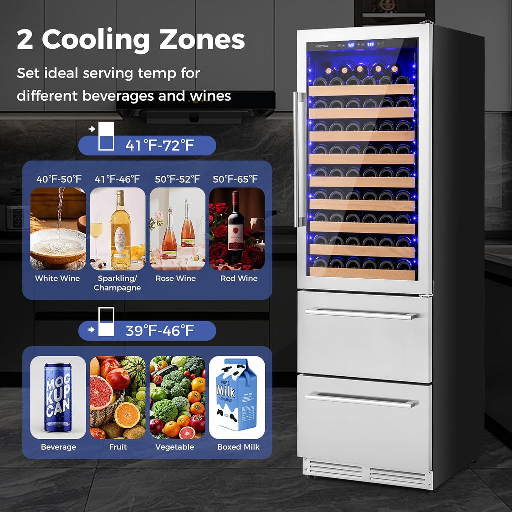 COSTWAY 24 Inch Wine and Beverage Refrigerator, Dual Zone Beverage Cooler with Independent Temperature Control, 108 Bottles and 175 Cans, Built-In or Freestanding Wine Cellar