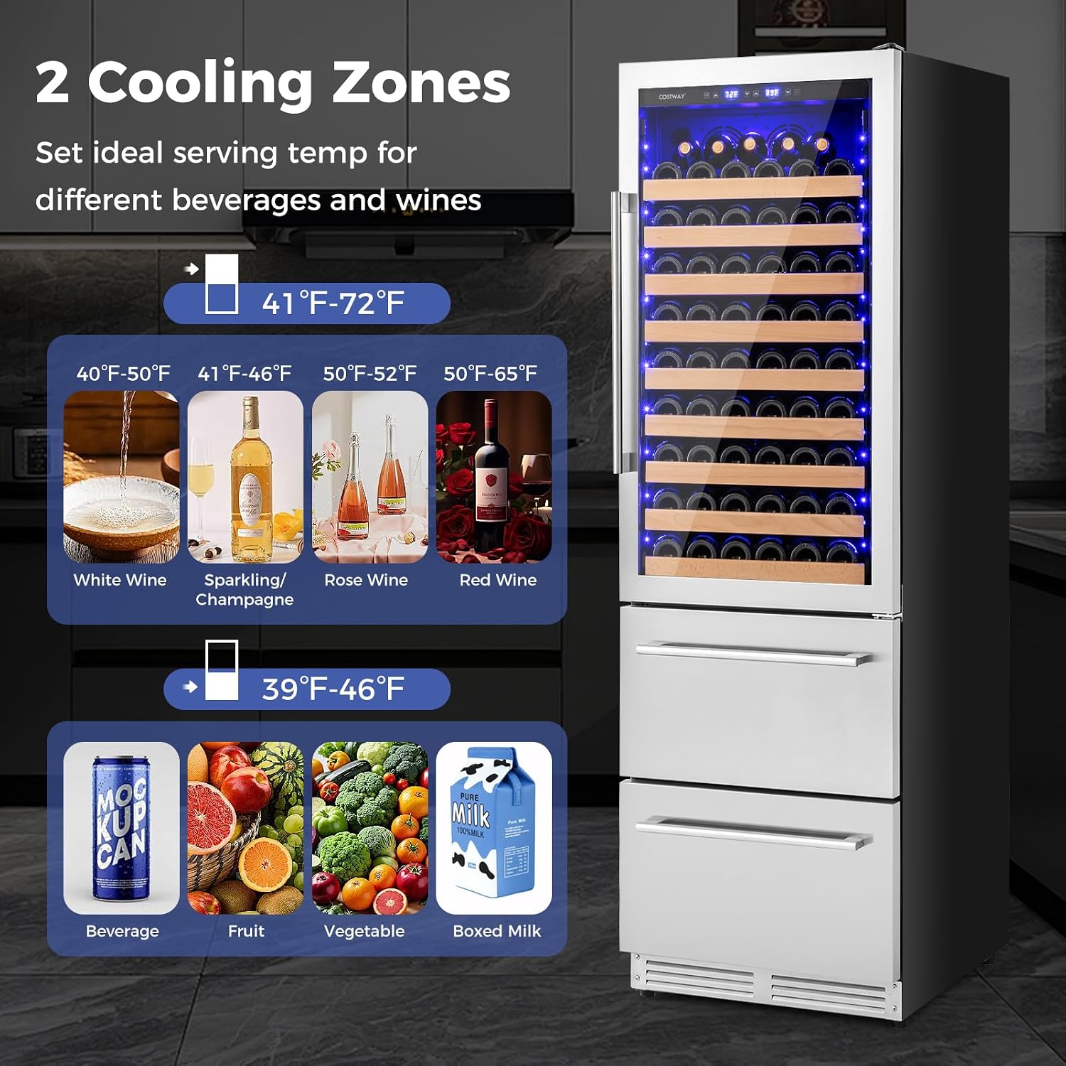 COSTWAY 24 Inch Wine and Beverage Refrigerator, Dual Zone Beverage Cooler with Independent Temperature Control, 108 Bottles and 175 Cans, Built-In or Freestanding Wine Cellar