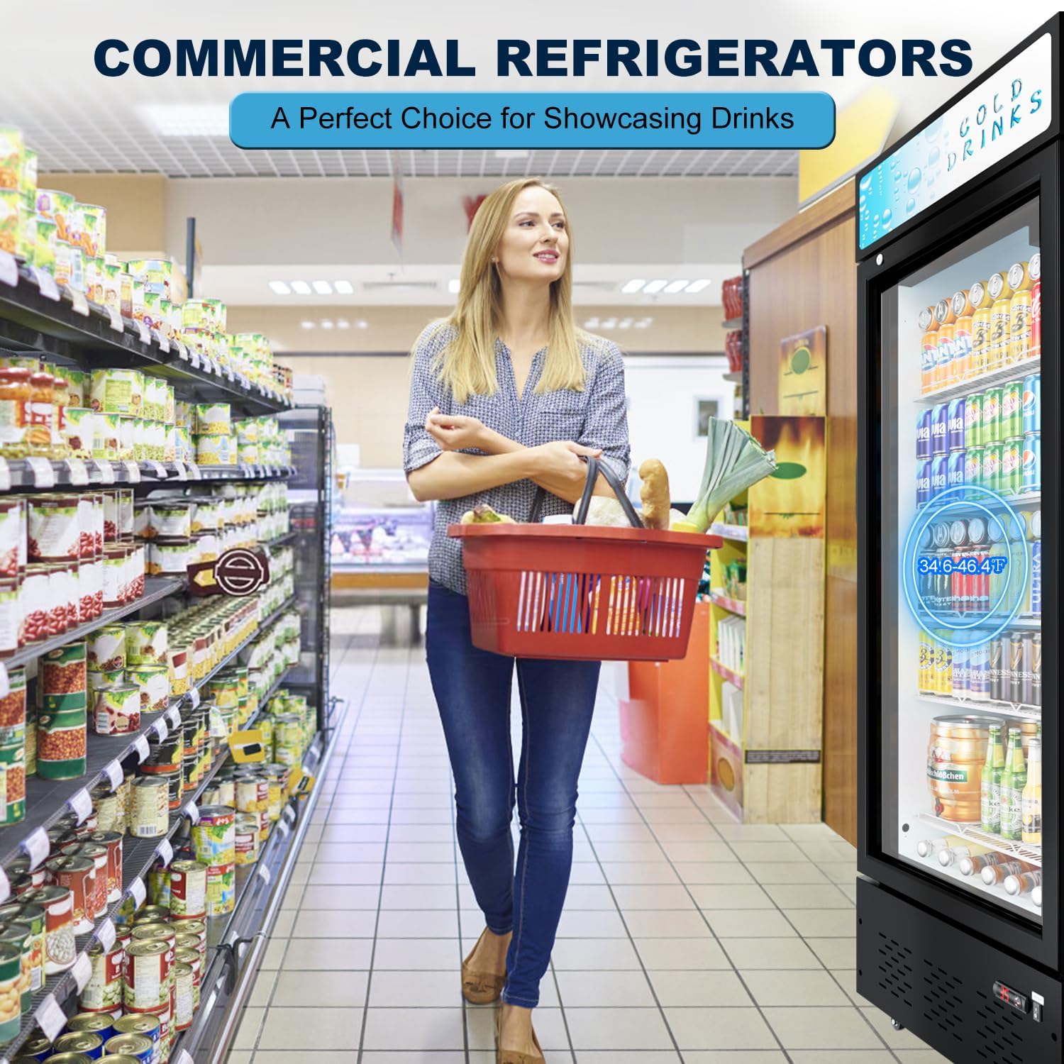 25.7'' W Commercial Refrigerators with Glass Door, 15 Cu.ft. Beverage Refrigerators Commercial Fridge Upright Display Cooler with Soft LED Light and Adjustable Shelves for Restaurant Stores