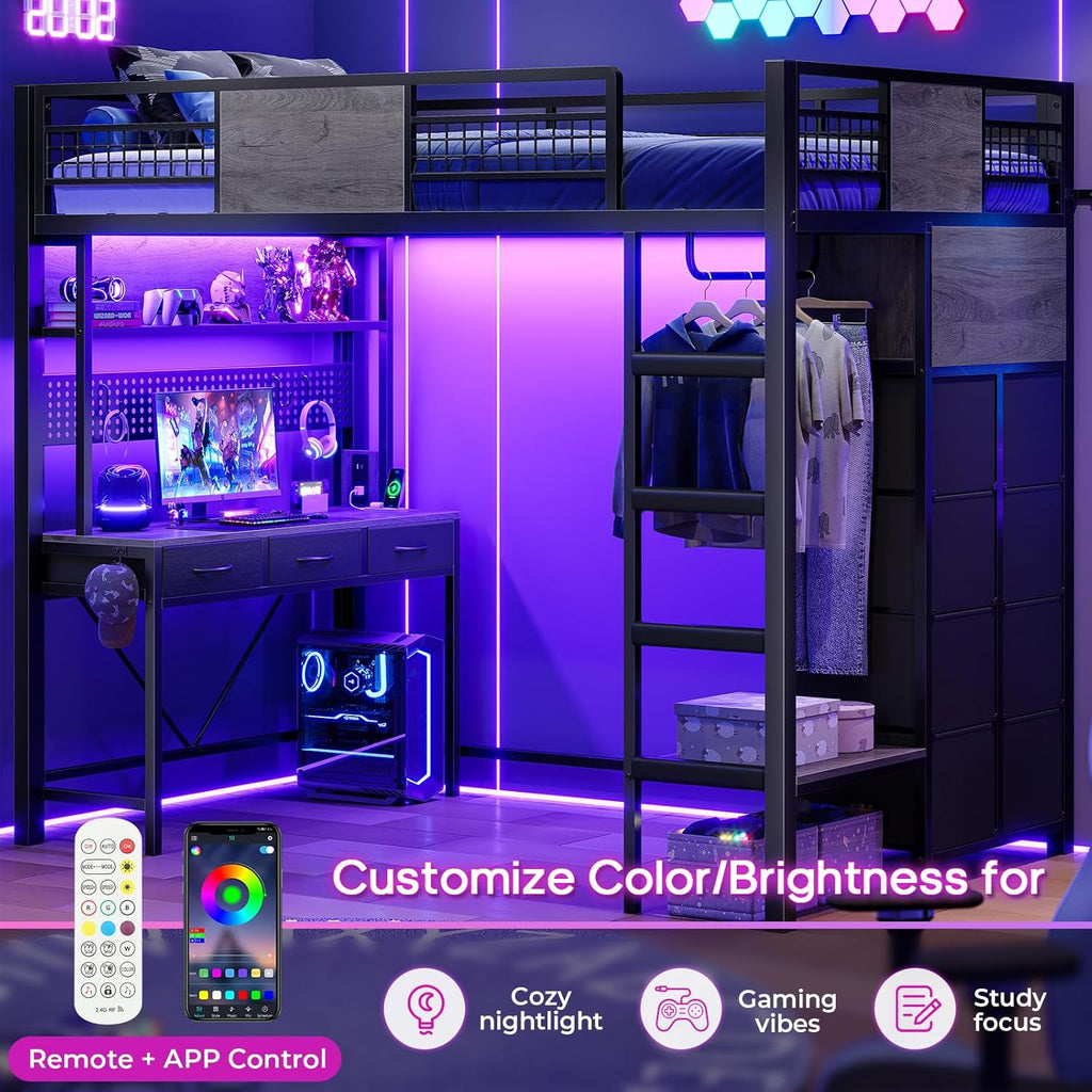 ADORNEVE Loft Bed Twin Size with Desk, 11 Storage Drawers, Metal Kids Loft with RGB Lights, Charging Station, Shelves & Clothing Rack, 13.4' H Safety Guard & Paded Ladder, Black & Grey