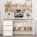 MaverickFurni Computer Desk with 3 Drawers and Shelves, 55 Inch Desk with Hutch for Small Spaces, Study Writing Desk with Shelves for Bedrrom, Adjustable Feet, Light Walnut