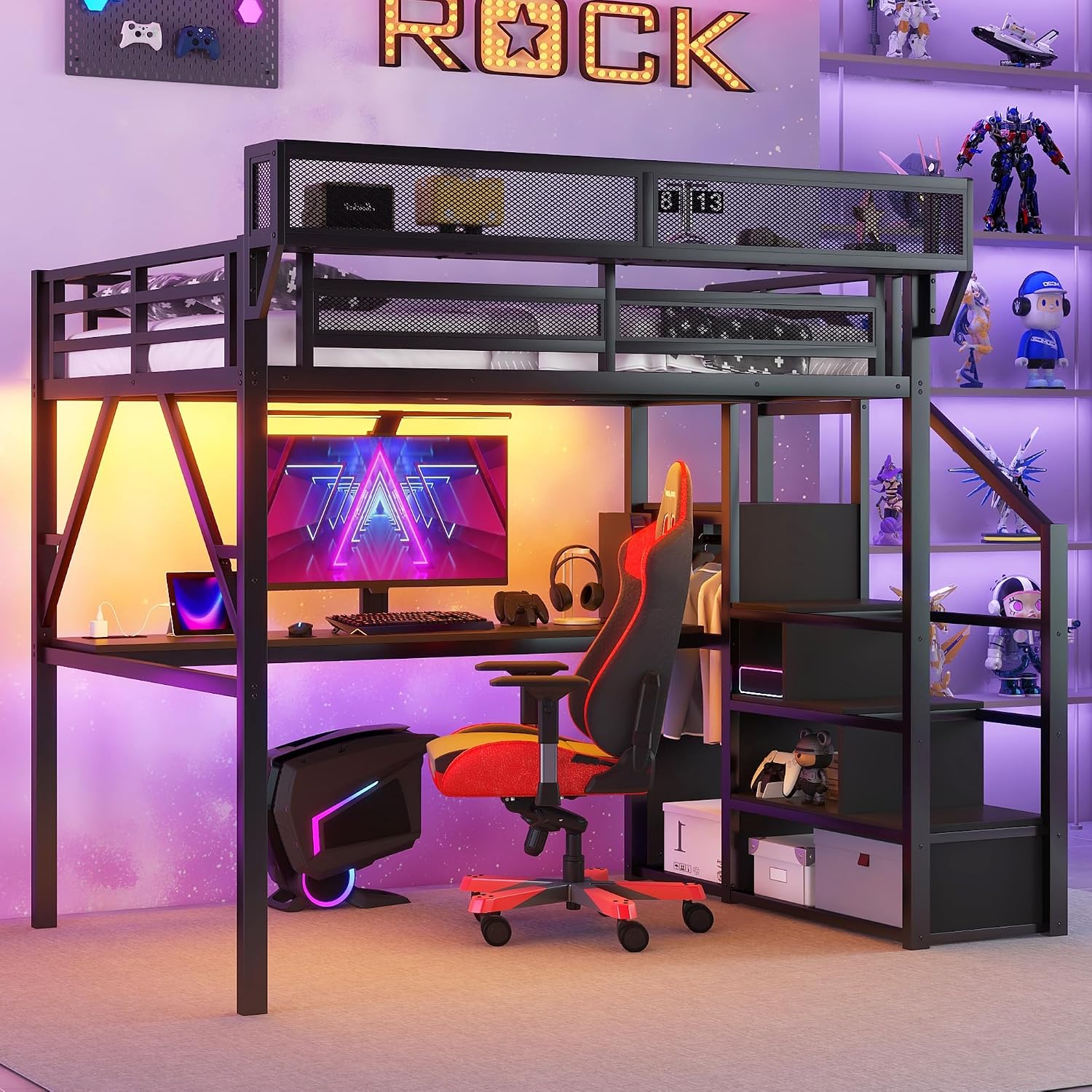 Queen Loft Bed with Desk and Stairs, Metal Lofts Bed Queen Size with Upper Storage Shelf, Gaming LoftBed with LED, Charging Station and Wardrobe for Teens, Adults,Black and Black Stairs